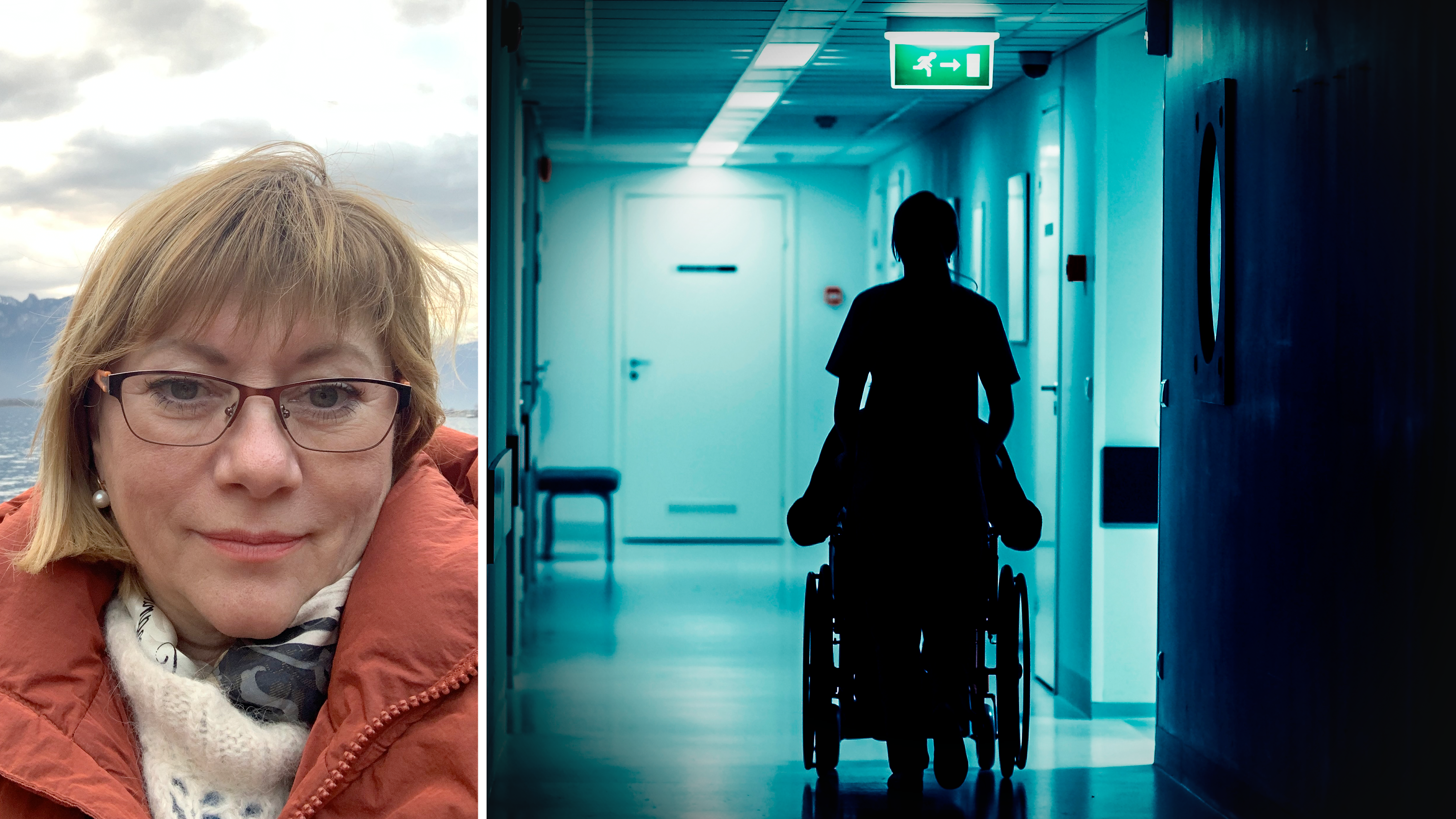 Hon delade en bild av Tatiana Karelinas foto placerad bredvid ett foto av en medicinsk arbetare som drar en rullstol under en nödutgångsskylt.