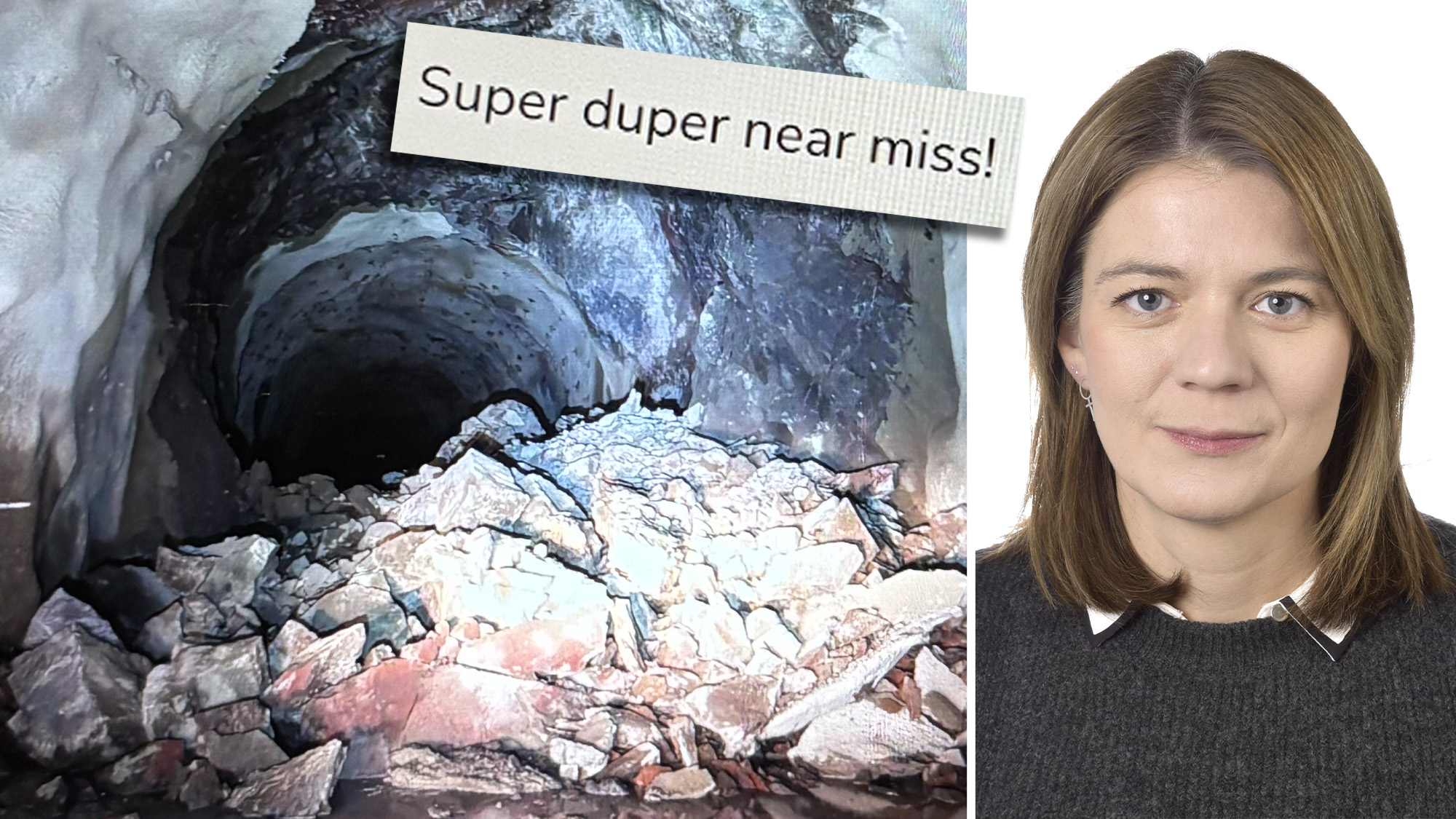 En tunnel delvis blockerad av stenar med texten ”Super duper near miss!” bredvid Johanna Haraldsson i grå tröja på vit bakgrund.