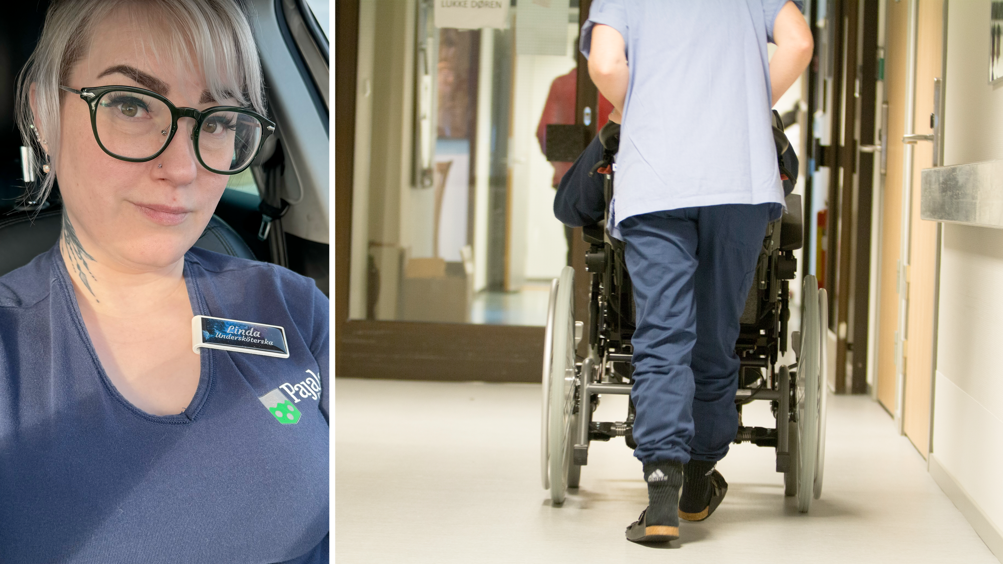 Den delade bilden innehåller ett foto på Linda Jatko till vänster och en bild på en sjuksköterska som drar en person i rullstol till höger.