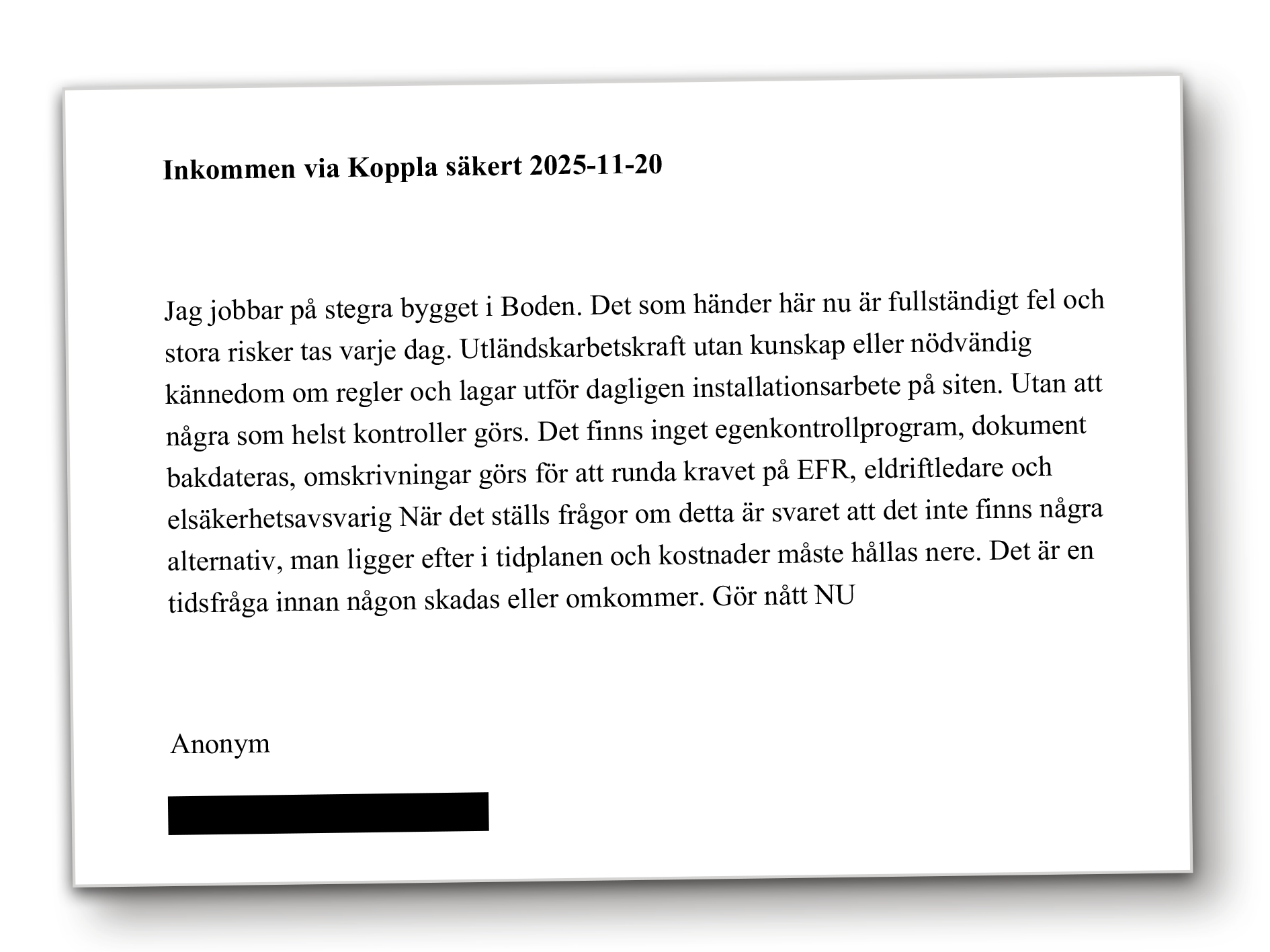 Ett utskrivet brev på svenska med rubriken "Inkommen via Koppla säkert 2025-11-20" och anonym avsändare längst ner.