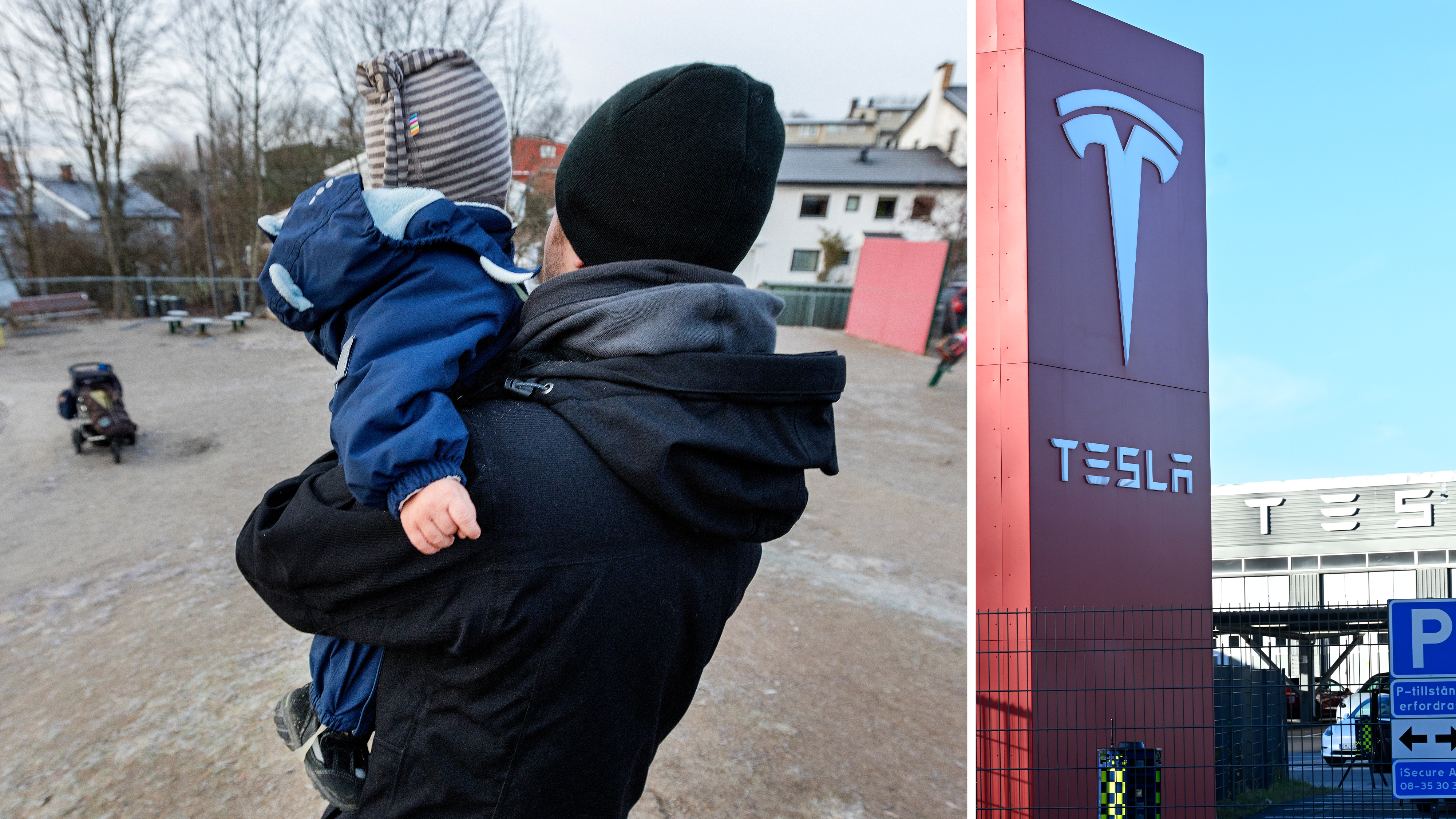 Till vänster är en vuxen som håller ett barn på lekplatsen. Till höger finns Tesla-skylten utanför byggnaden, graverad med företagets logotyp och namn.