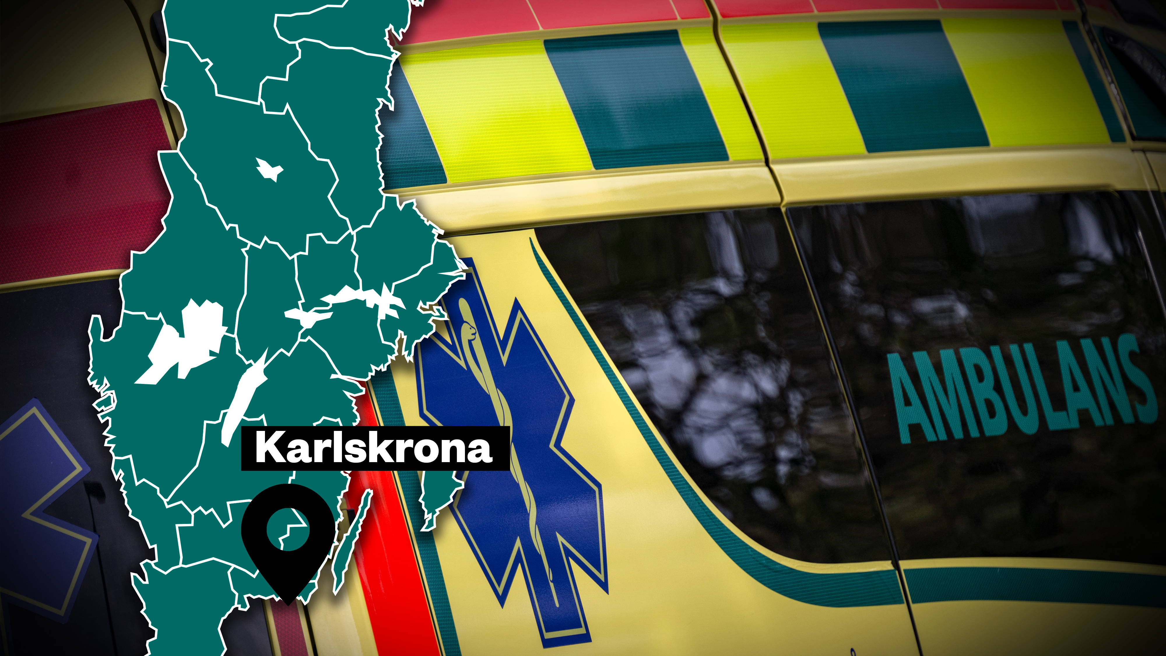 En karta visar Karlskrona i Sverige bredvid en närbild av en gul och grön ambulans med texten "AMBULANS".