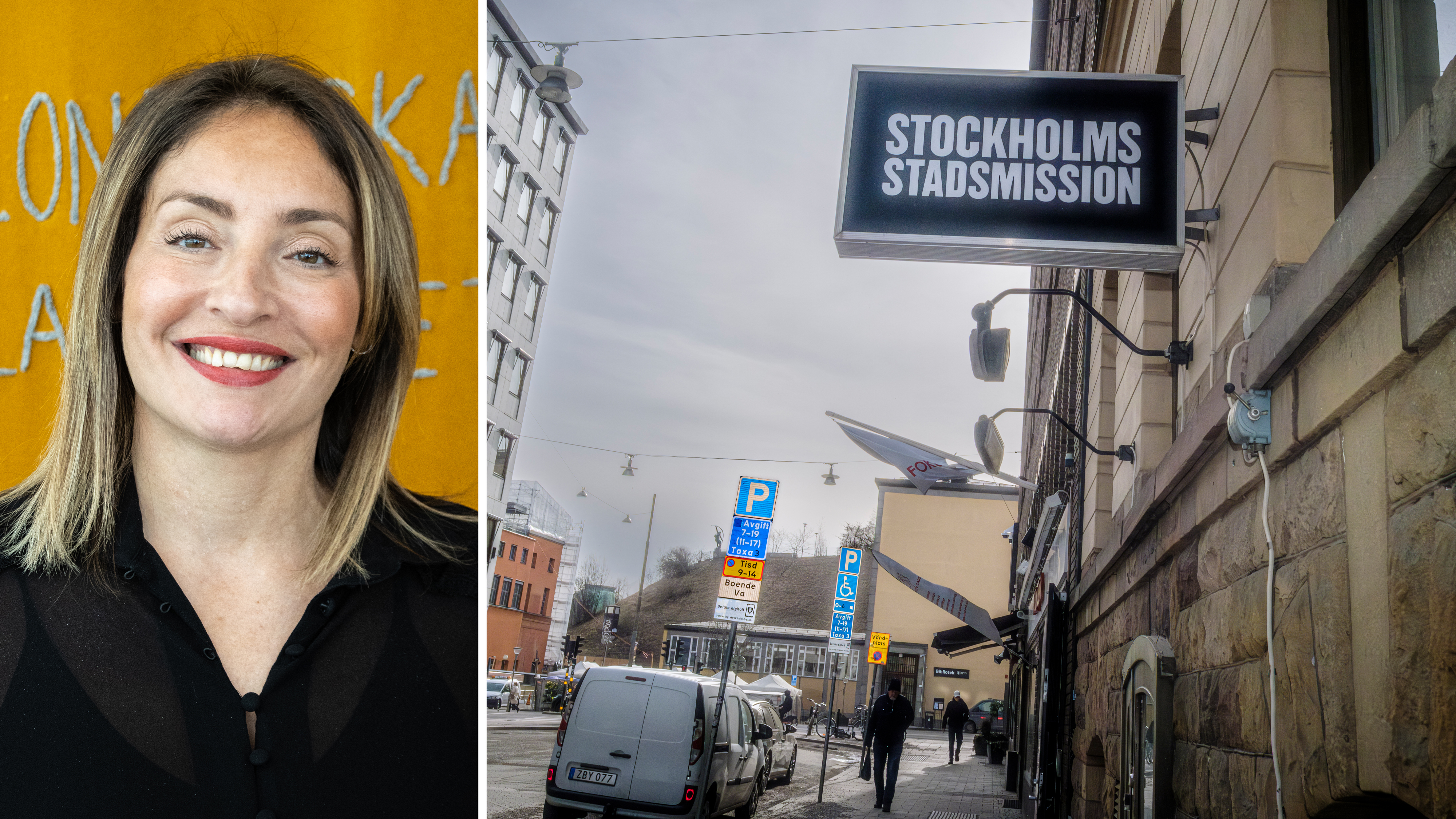 Till vänster Dianna Hylan framför en gul bakgrund, till höger en gata med en Stockholms Stadsmission-skylt på en byggnad.