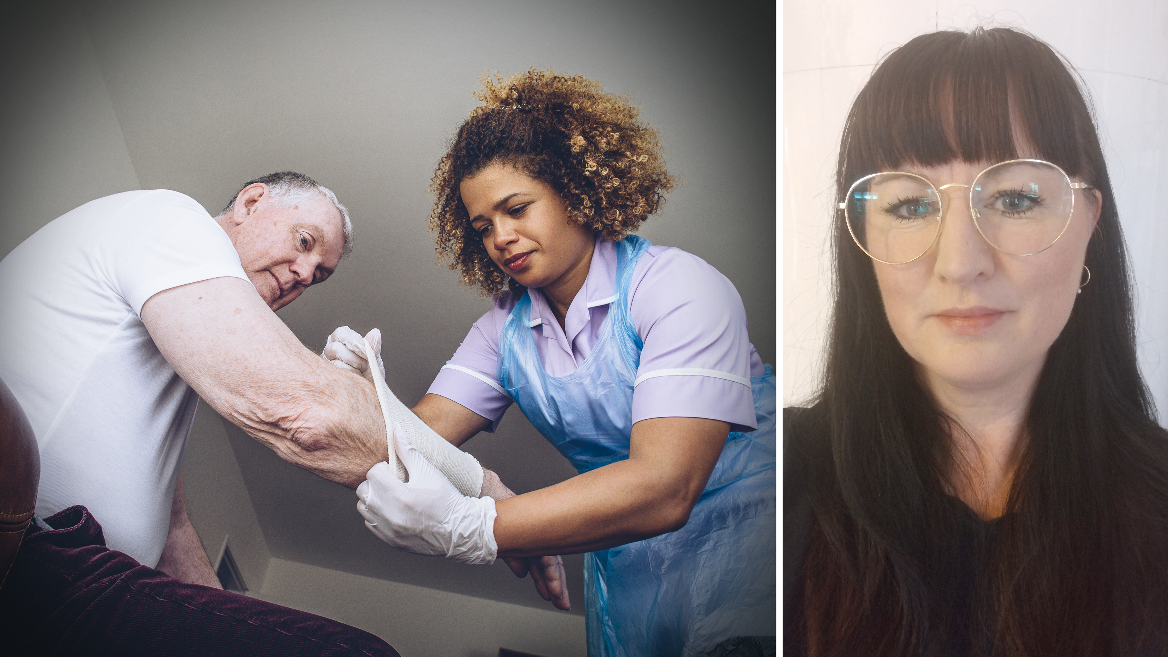 Delad bild: Till vänster ett foto på en vårdgivare som hjälper en äldre person och till höger ett foto på Anna Brandenberg.