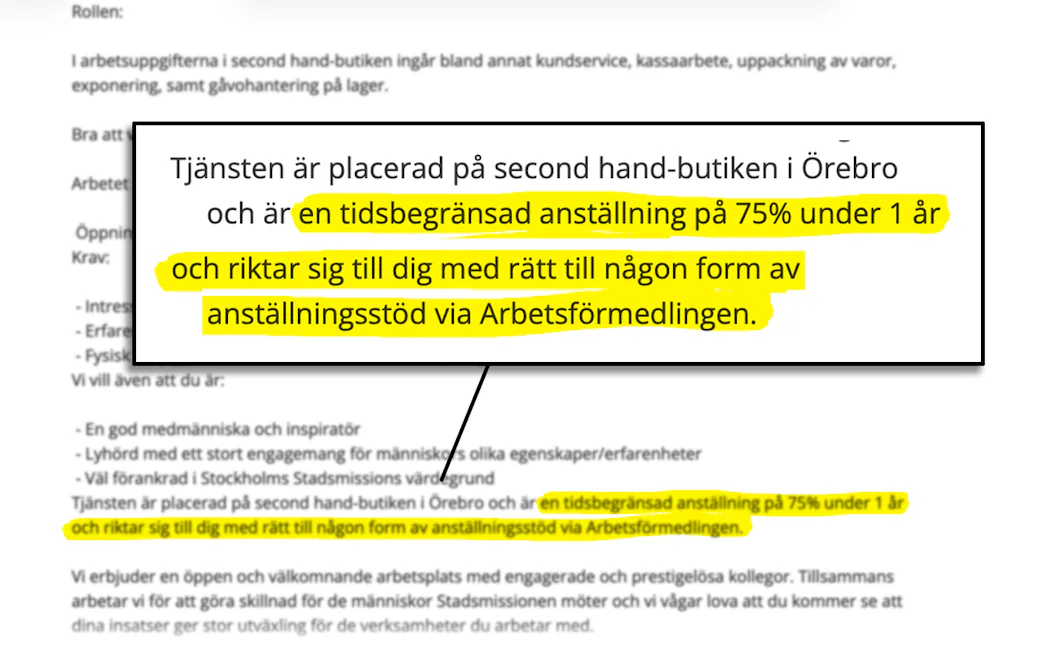 I platsannonsen listas 75 % av tjänsterna i Örebros second hand-butik under en begränsad tid, för personer med stöd av arbetsförmedlingen.