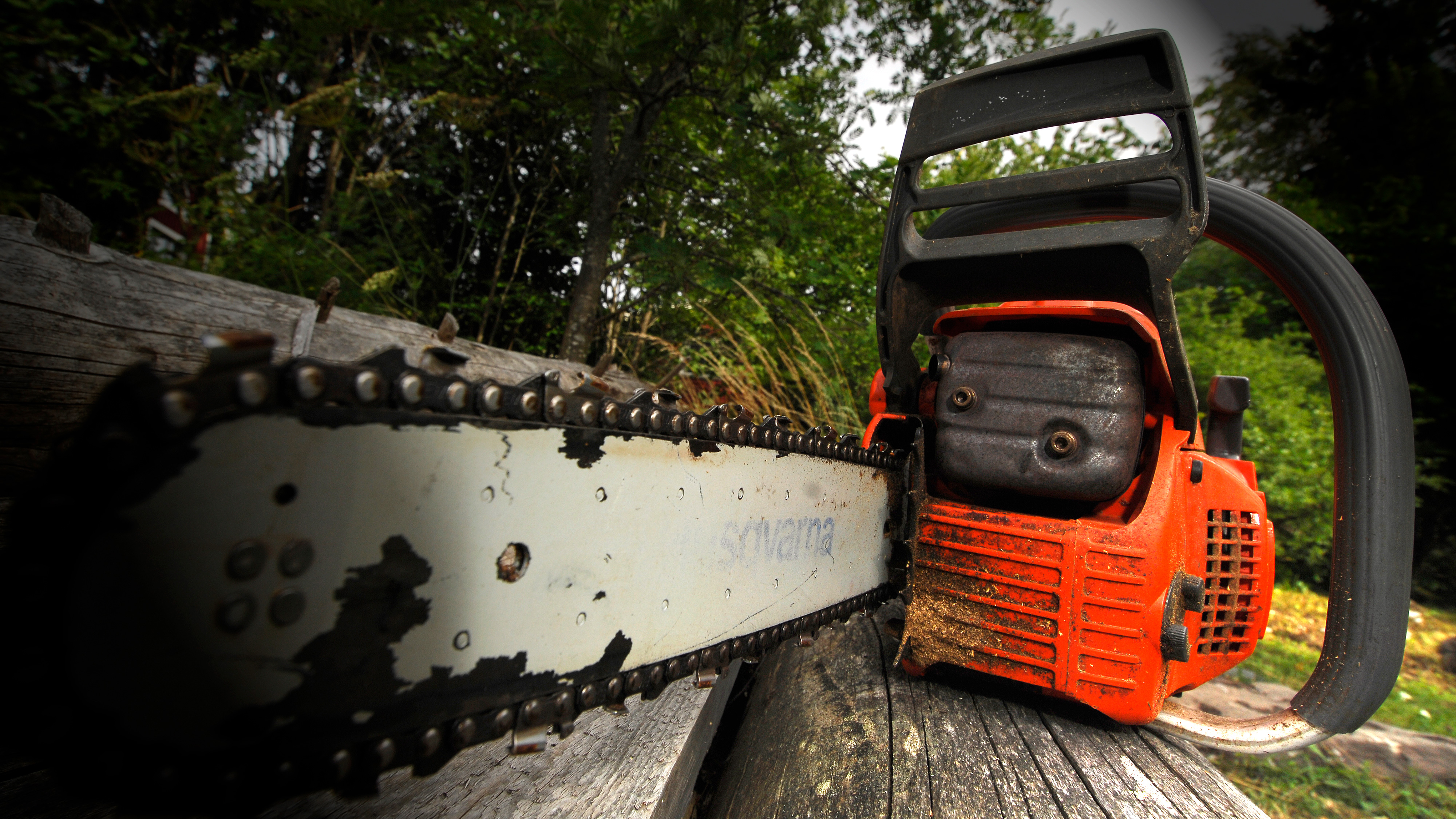 En orange motorsåg ligger på en trästock utomhus, med träd och växtlighet i bakgrunden.