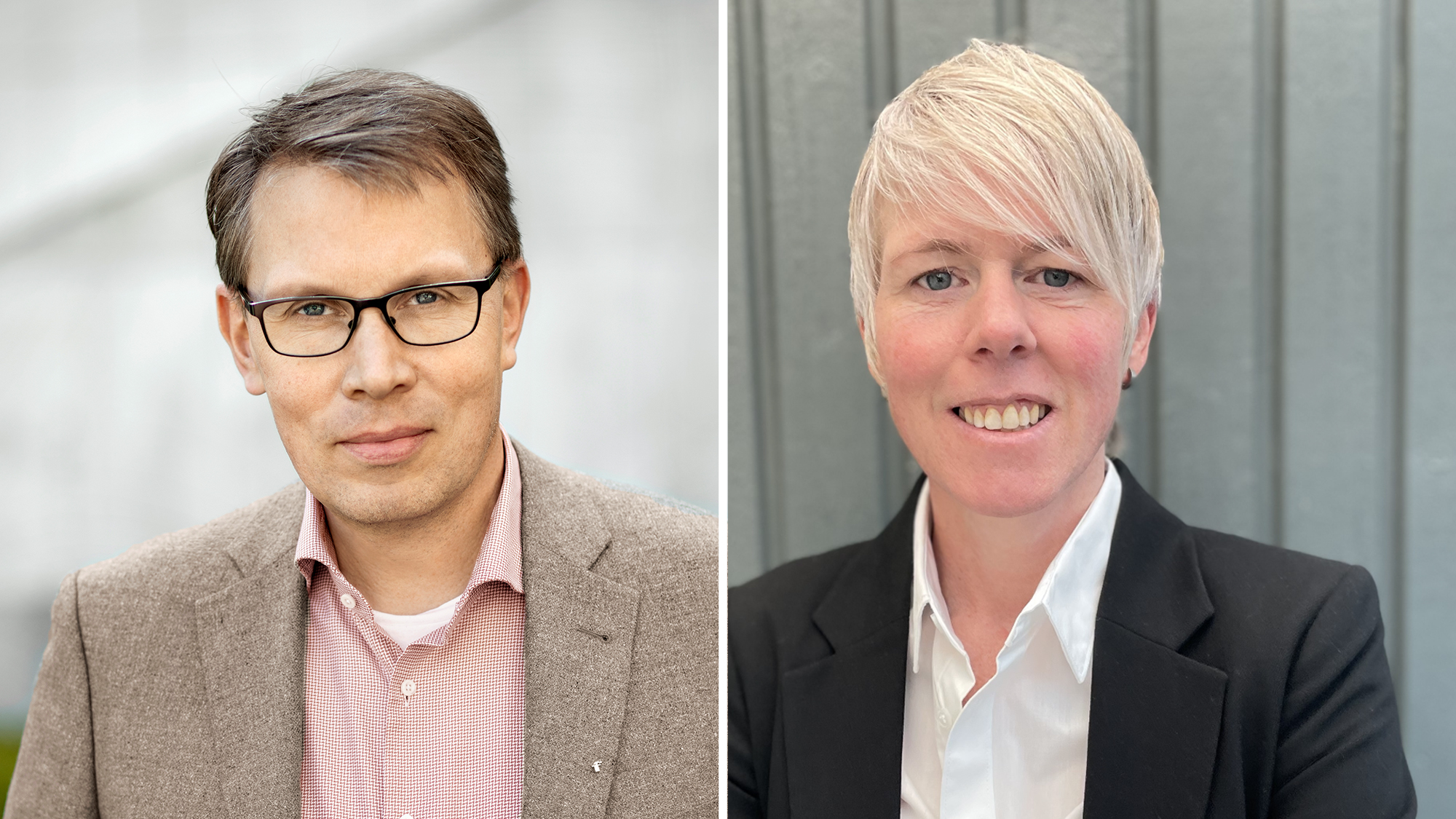 Två porträtt bredvid varandra av Nicklas Nilsson med glasögon och brun kavaj samt Madeleine Holst med kort blont hår och svart kavaj.