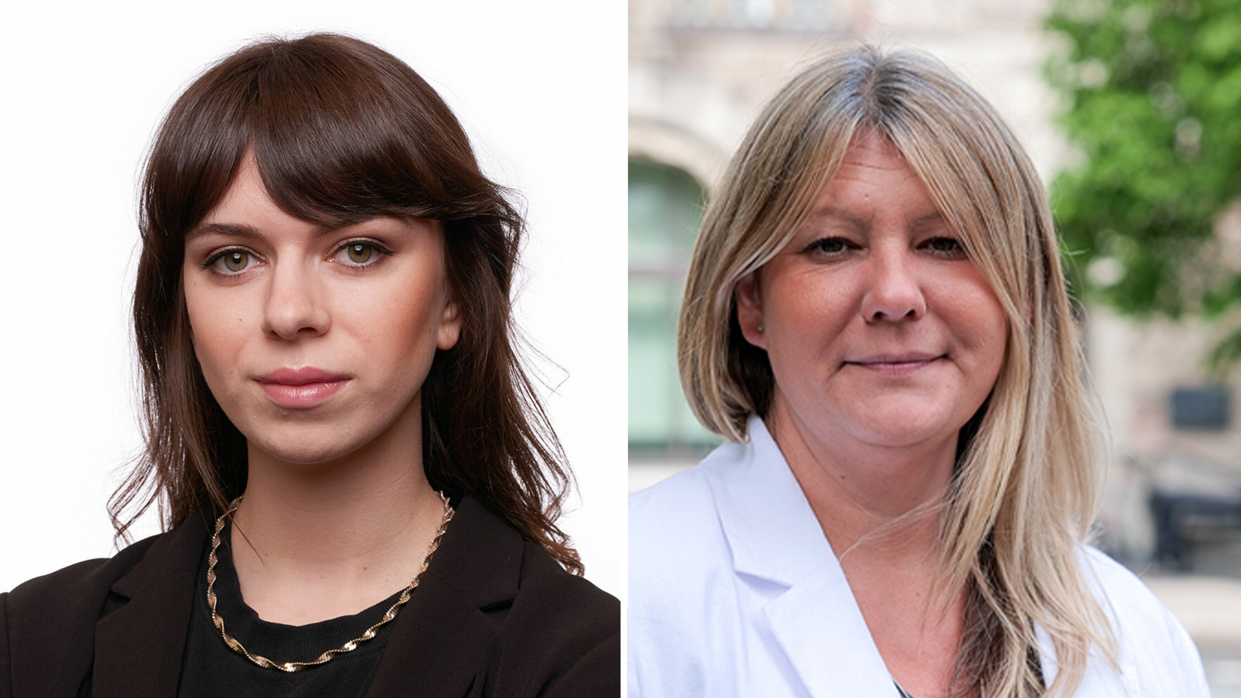 Två porträtt bredvid varandra av kvinnor, en med mörkbrunt hår i svart kavaj och en med blont hår i vit rock, båda vända mot kameran.