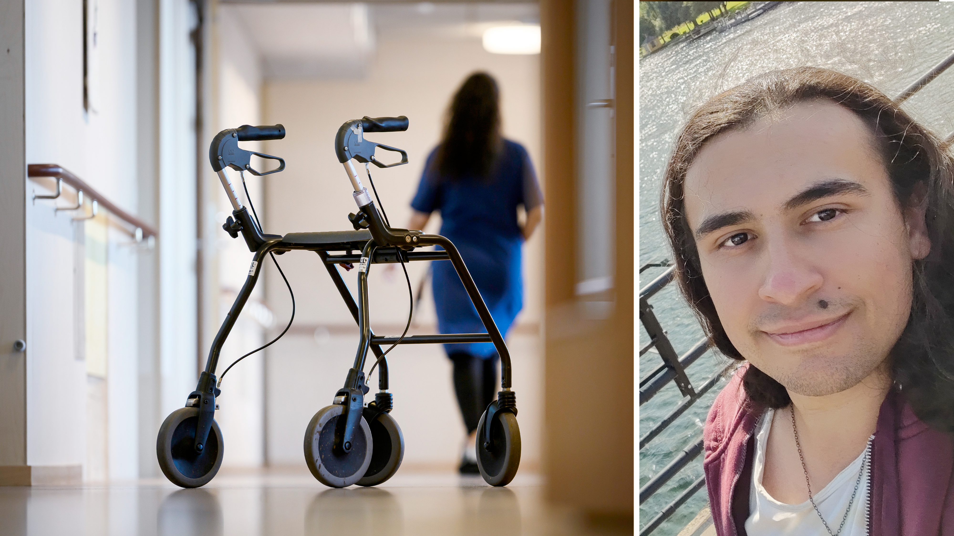 Delad bild med foto på en vårdanställd och en rollator i en korridor invid ett foto på Ege Özdemir.