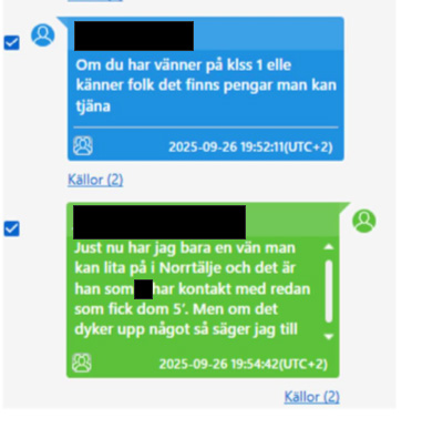 En skärmdump av en chatt på svenska med blåa och gröna meddelandebubblor och viss information borttagen för integritet.