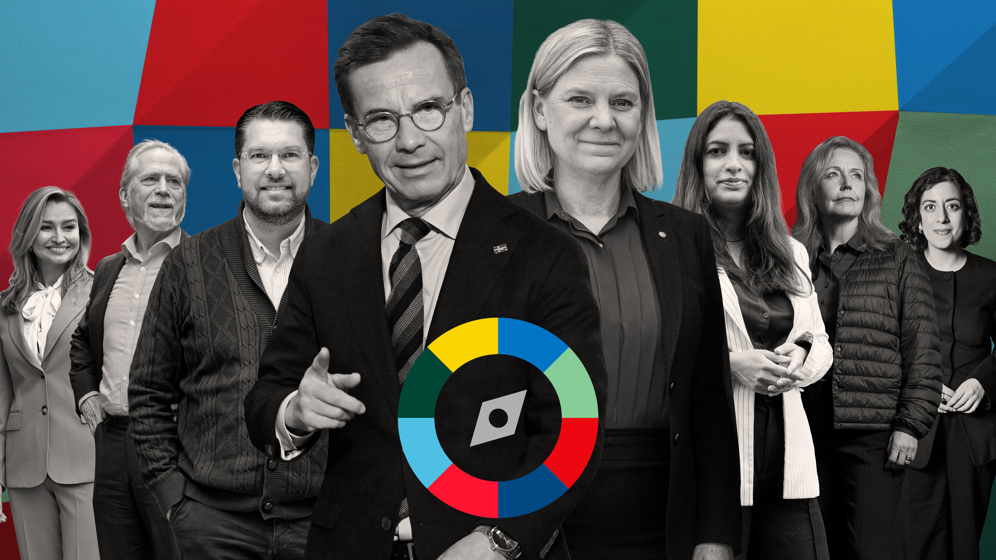 Ledarna för de åtta riksdagens politiska partier ställer upp bakom kompasssymbolen.