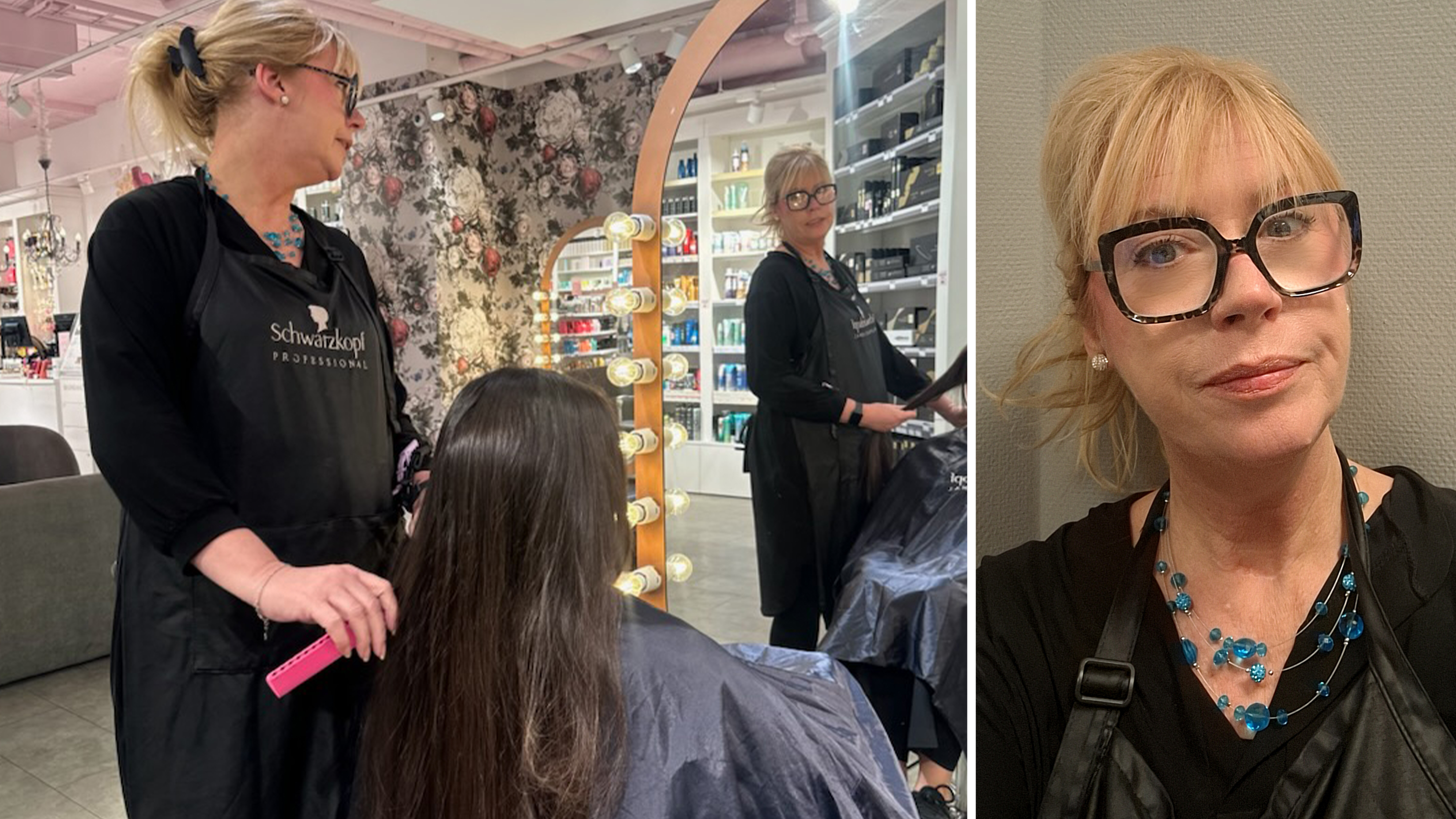 En frisör med glasögon och svart förkläde stylar en kunds hår i en salong; närbild visar frisören titta mot kameran.