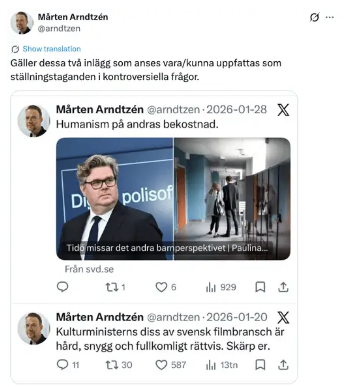 Skärmdump av svenskt Twitterinlägg från Mårten Arndtzén som hänvisar till två tidigare tweets om humanism, polis och kulturministern.