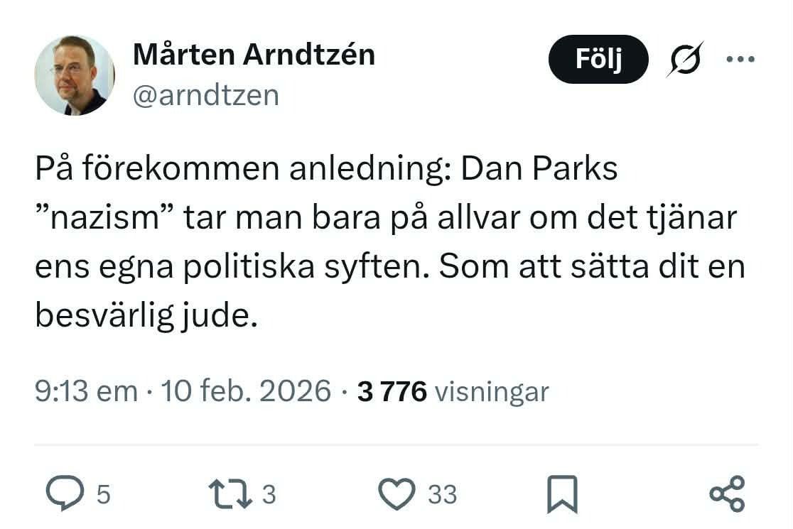 Mårten Arndtzéns tweets på svenska om Dan Parks "nazism" Politiskt motiverade, riktade referenser till irriterande judar.