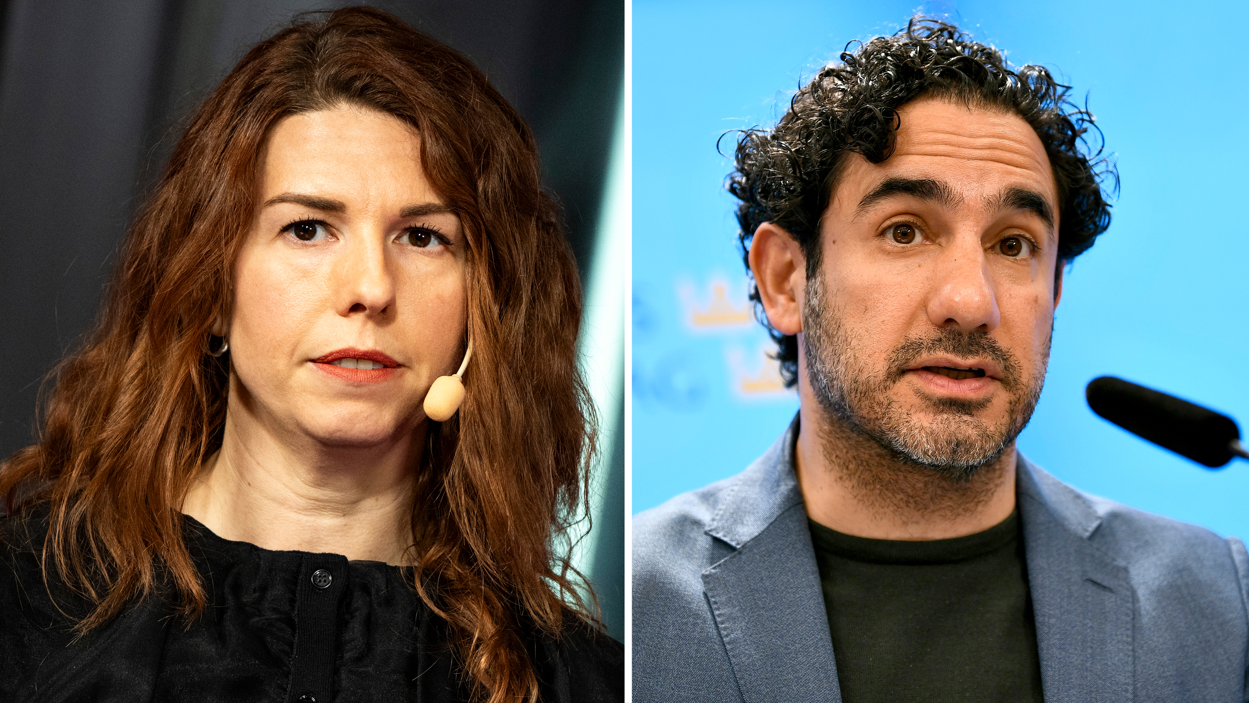 En kvinna med headsetmikrofon och en man som talar vid ett podium visas sida vid sida i en delad bild.