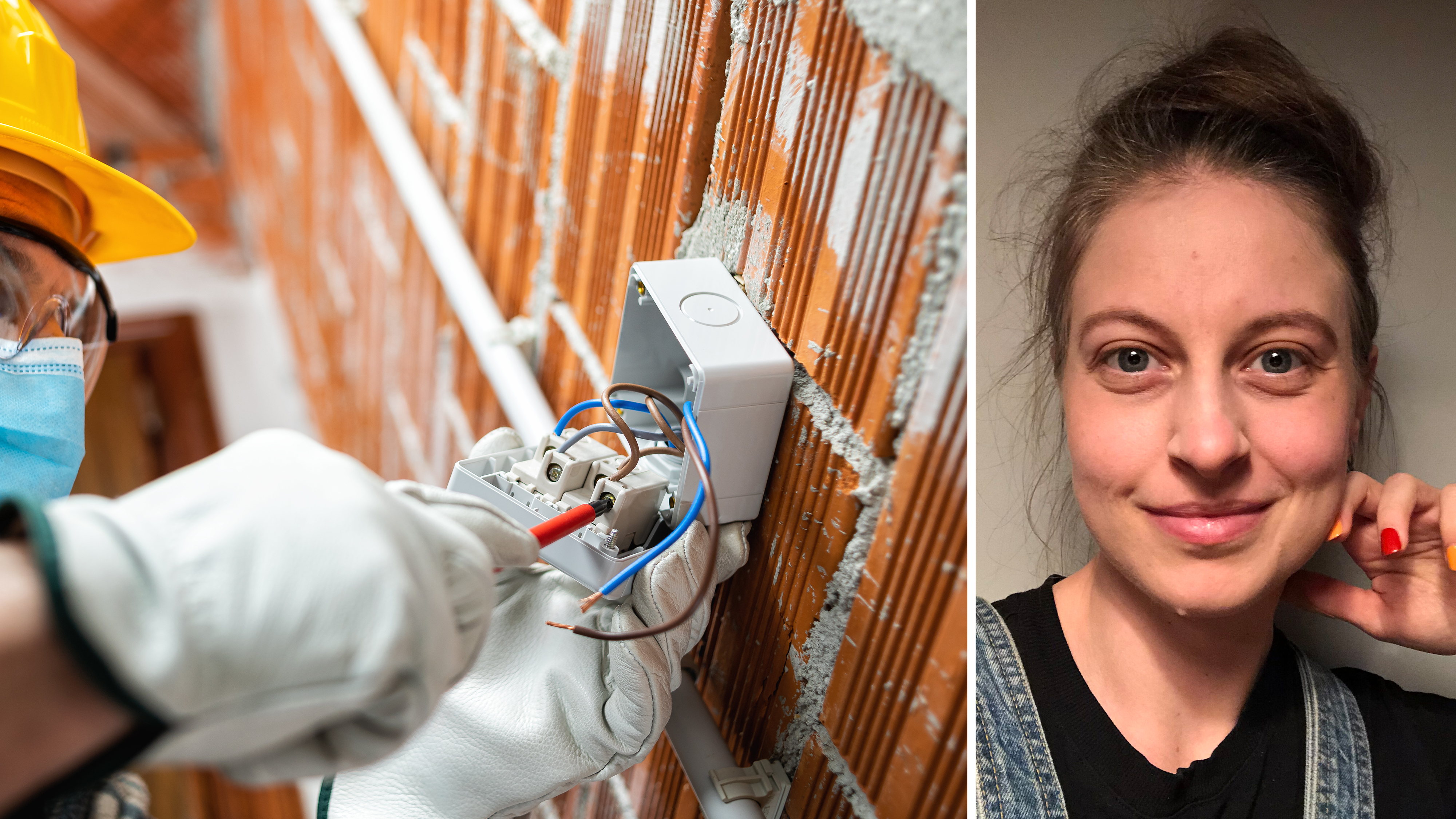 Byggnadsarbetare reparerar elektriska ledningar på väggen. Bredvid henne ler en brunhårig kvinna mot kameran.