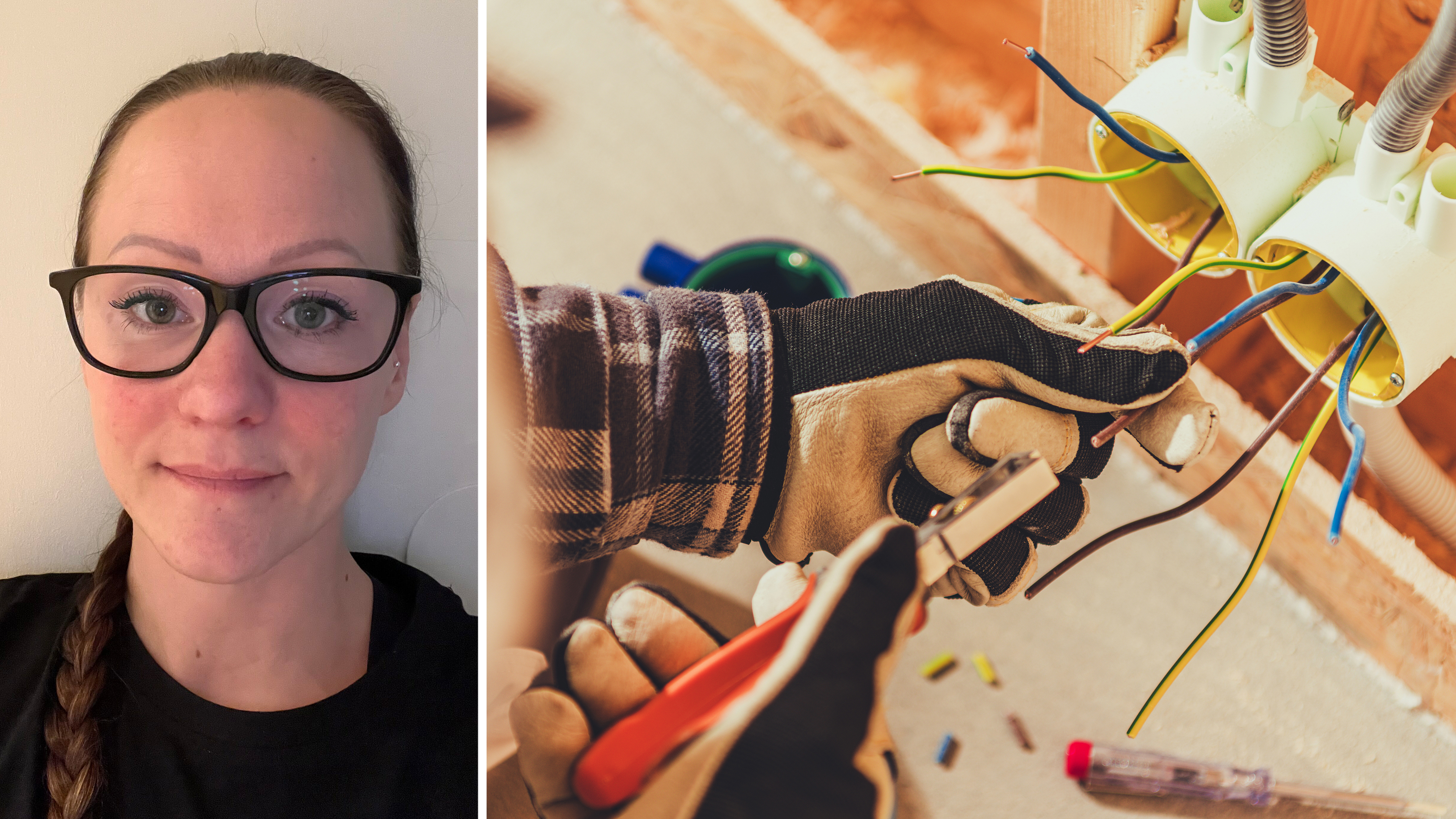 På vänster sida kan du se en kvinna som bär glasögon. Till höger hanterar en handskar hand ett verktyg på en kraftledning i väggen.
