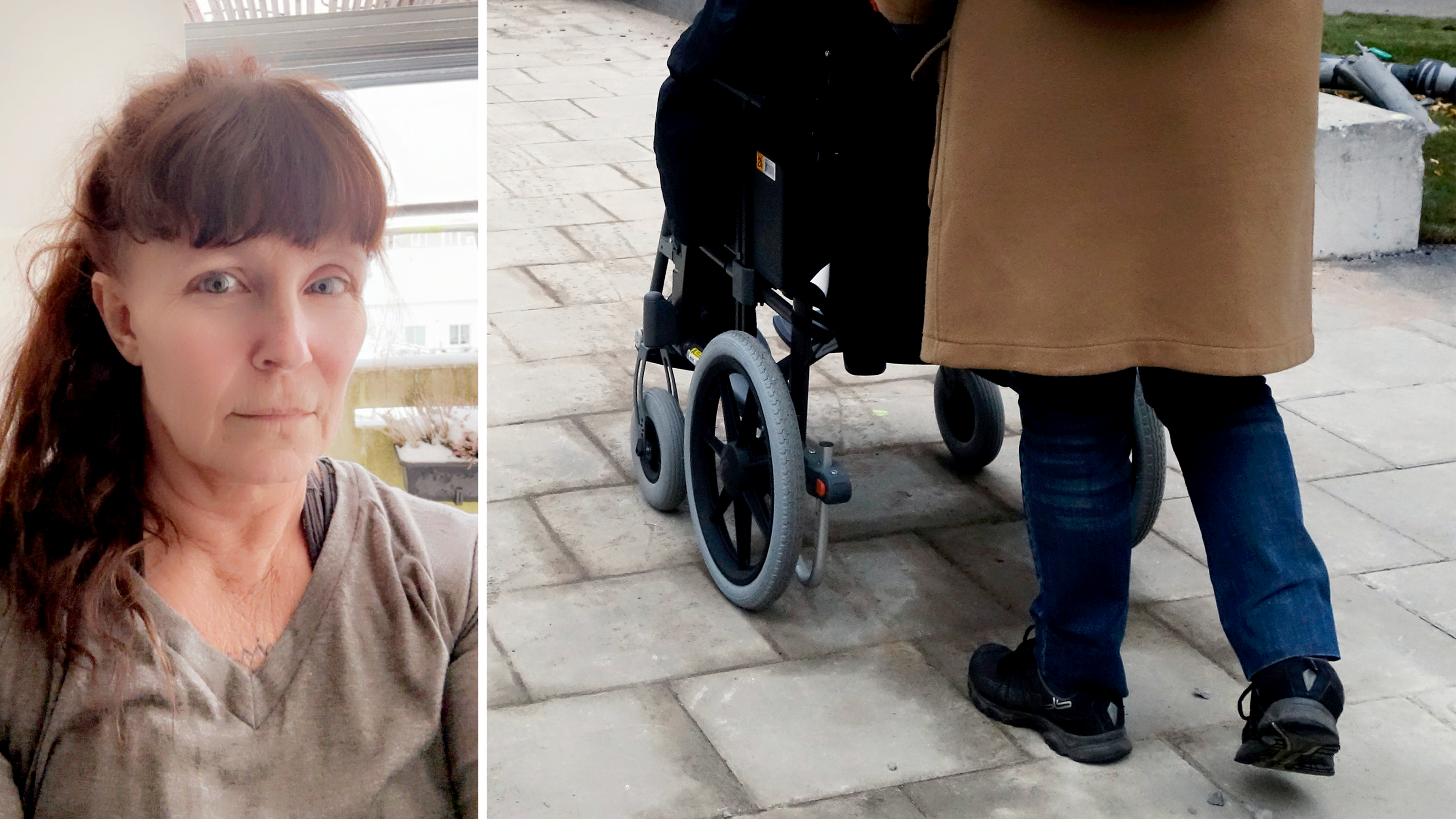 Bilden delad med Maria Benarstens porträtt. Bredvid finns en bild av två personer i rullstol, den ena drar den andra.