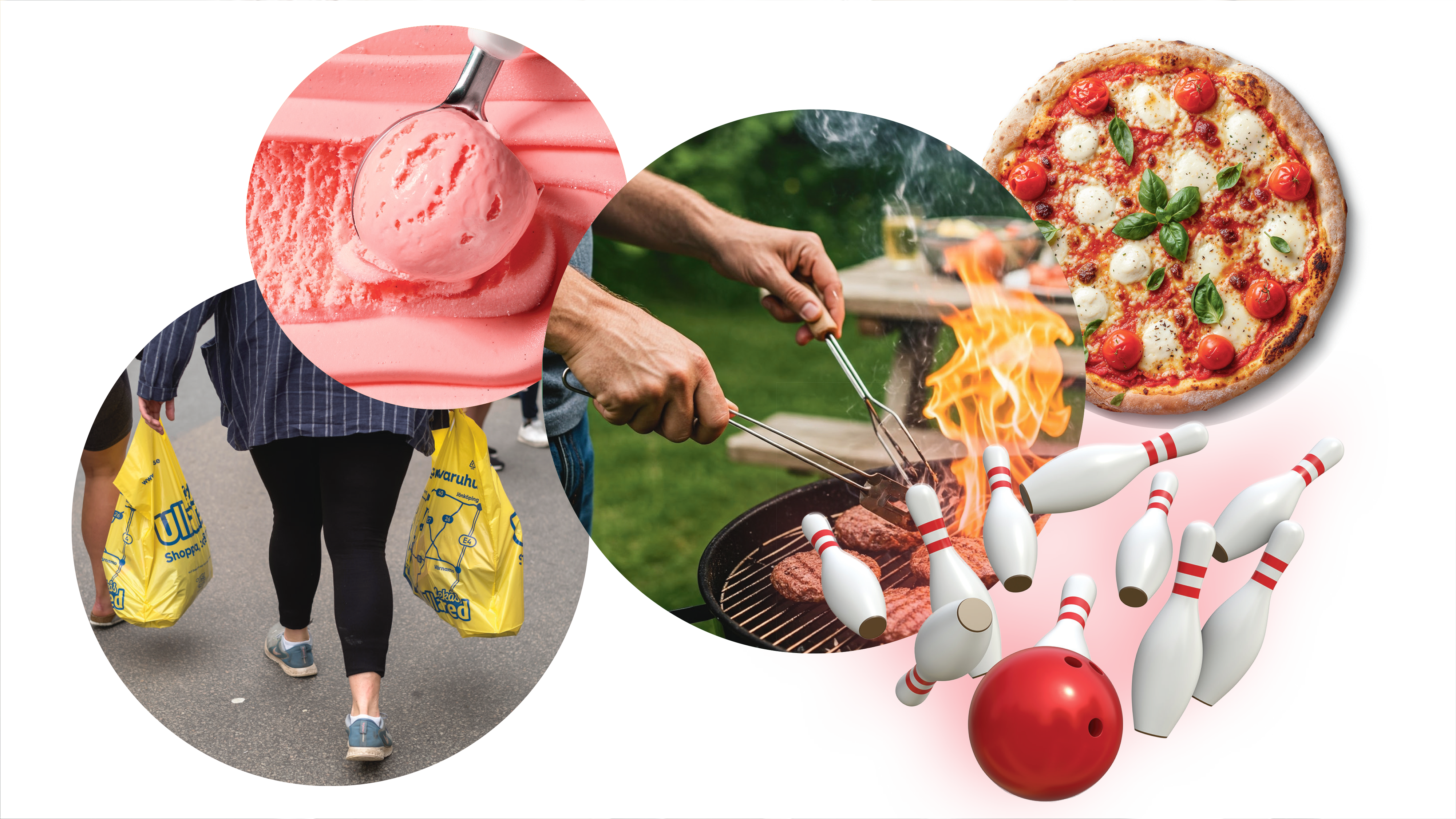 Collage med bilder som visar rosa glas, personer med shoppingpåsar, grillat kött, en pizza och bowlingkäglor med ett rött klot.