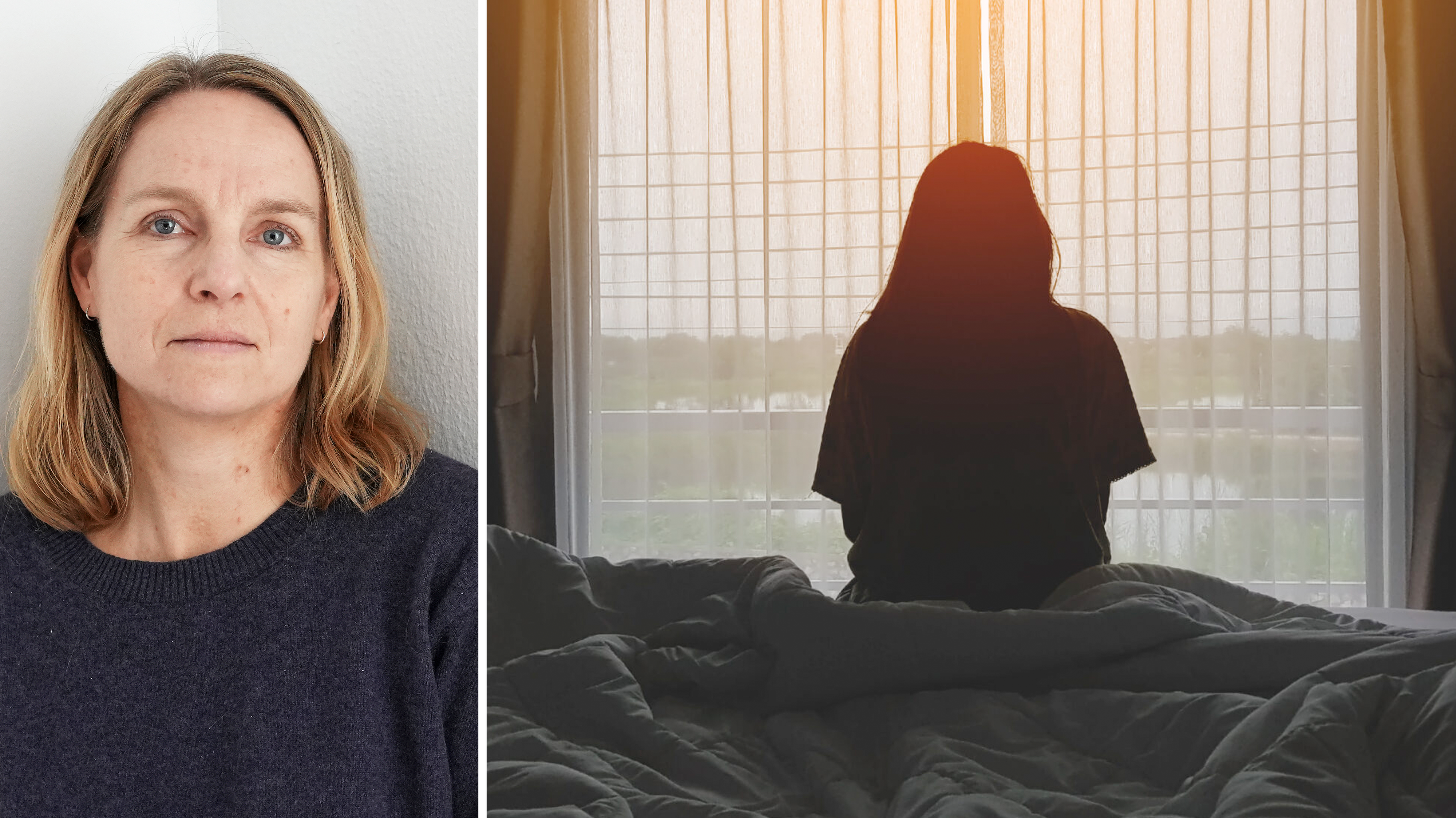 De delade bilderna är ett foto på Linda Magnuson till vänster och en siluett av en person som sitter på en säng till höger.