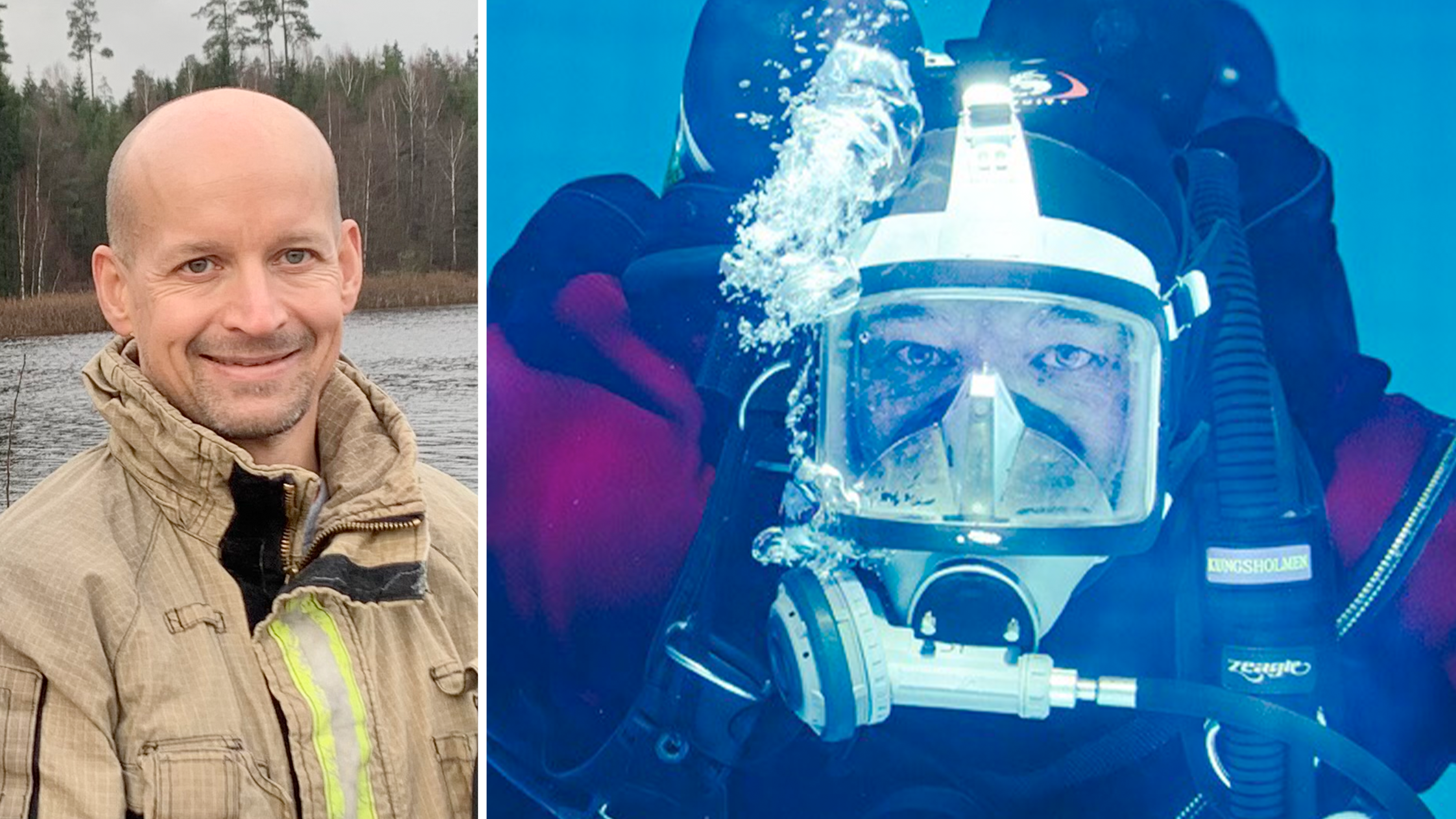 Delad bild med ett foto på Marcus Aronsson till vänster och en bild på en dykare under vatten till höger.