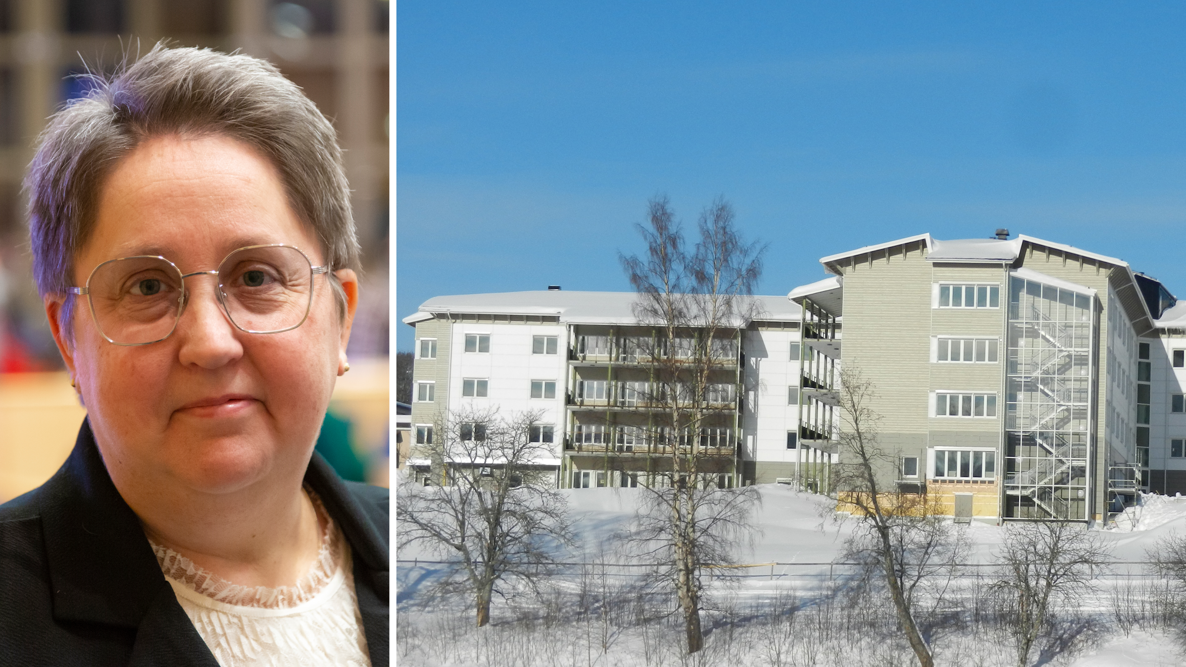 Delad bild med ett foto på Annica Jonsson till vänster och fasaden på Rosenbackens vård- och omsorgsboende i Örnsköldsvik till höger.