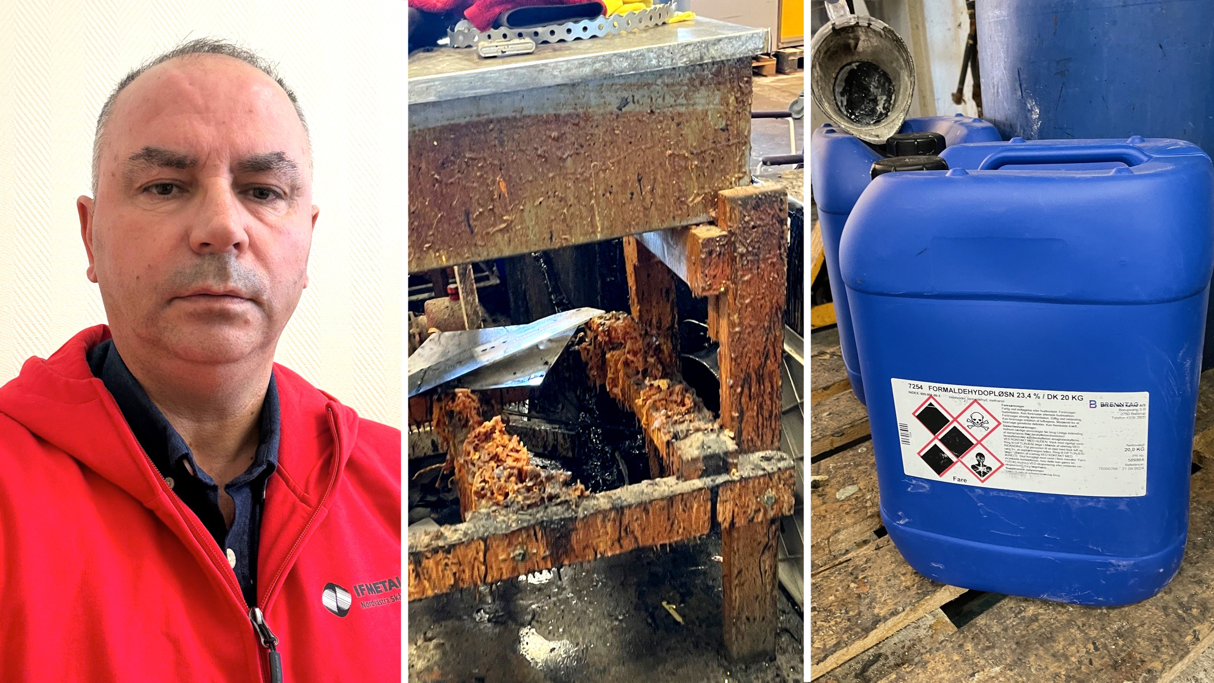 En man med röd jacka, en närbild av industriell utrustning med rester och en blå kembehållare med faromärkning visas.