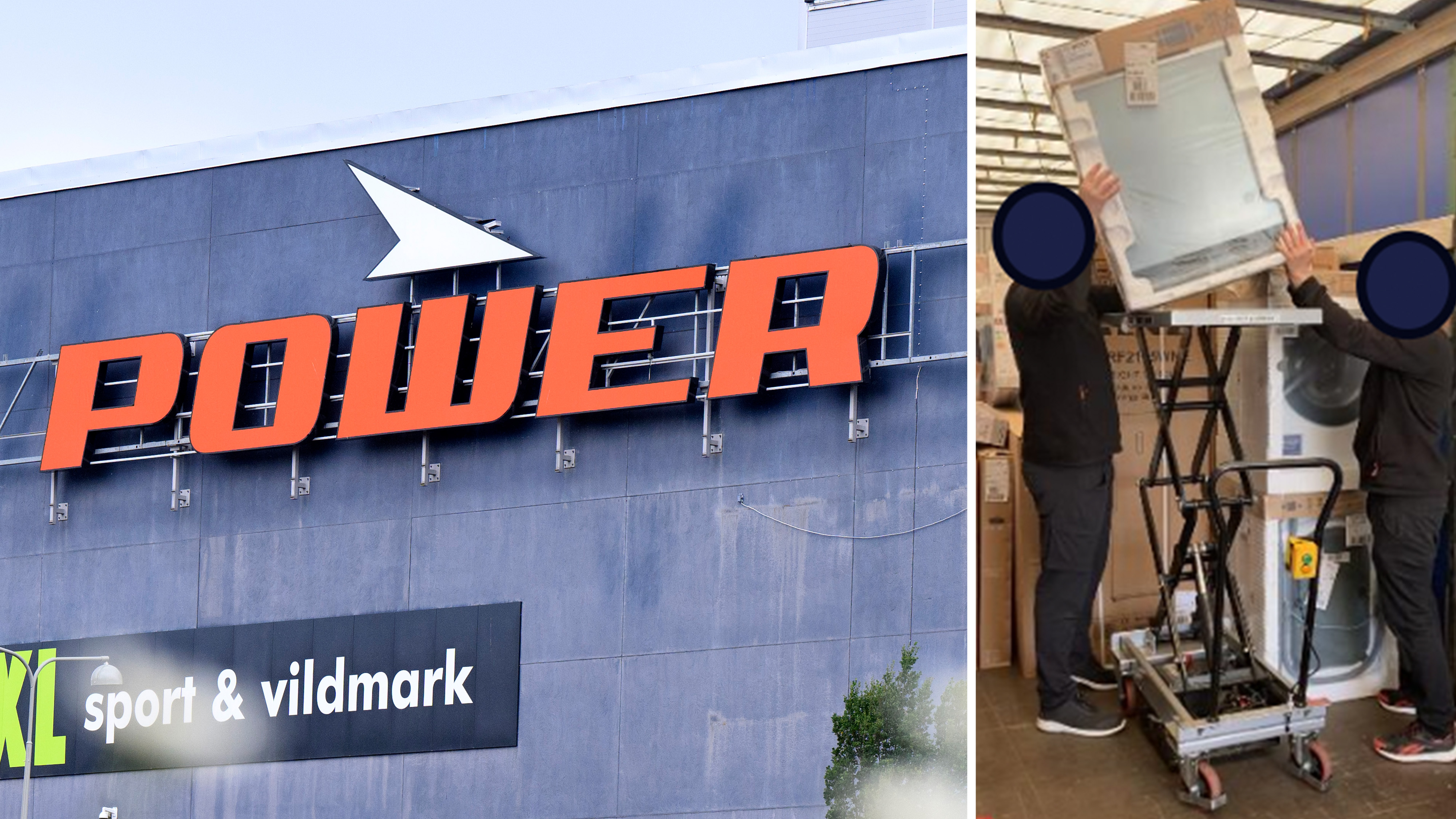Vänster: Power-skylt på butik. Höger: Två personer lastar av en stor apparat från en pirra i ett lagerutrymme.