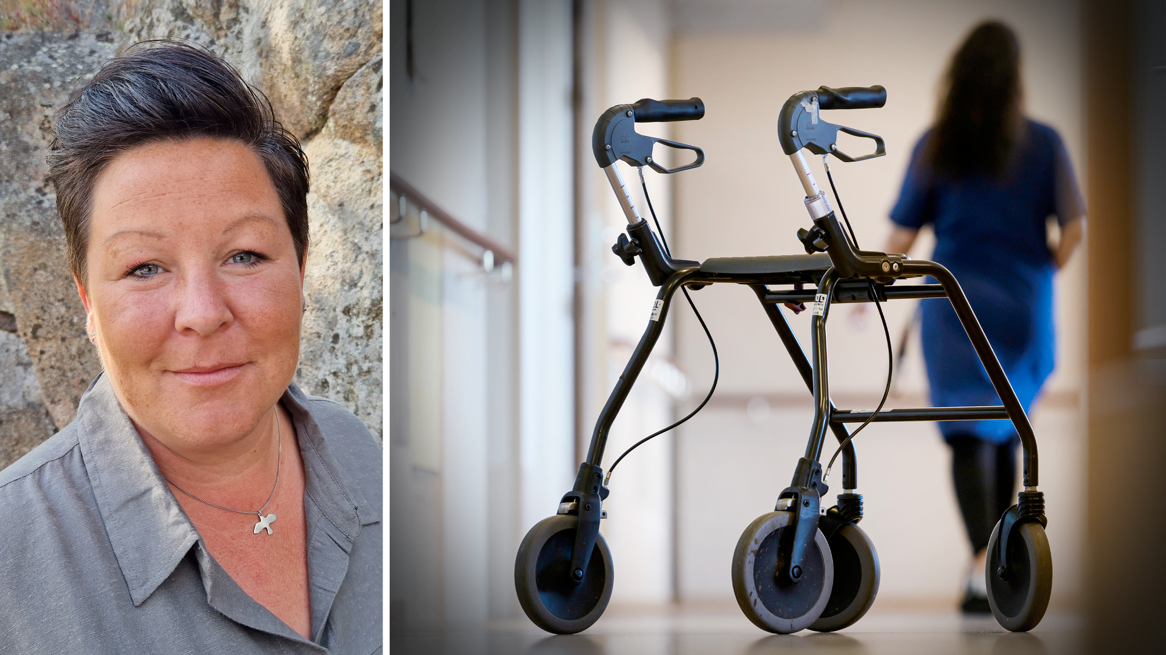 Till vänster ett foto på Anne-Sophie Svensson och till höger ett foto på fotgängare och sjukvårdspersonal i korridoren.