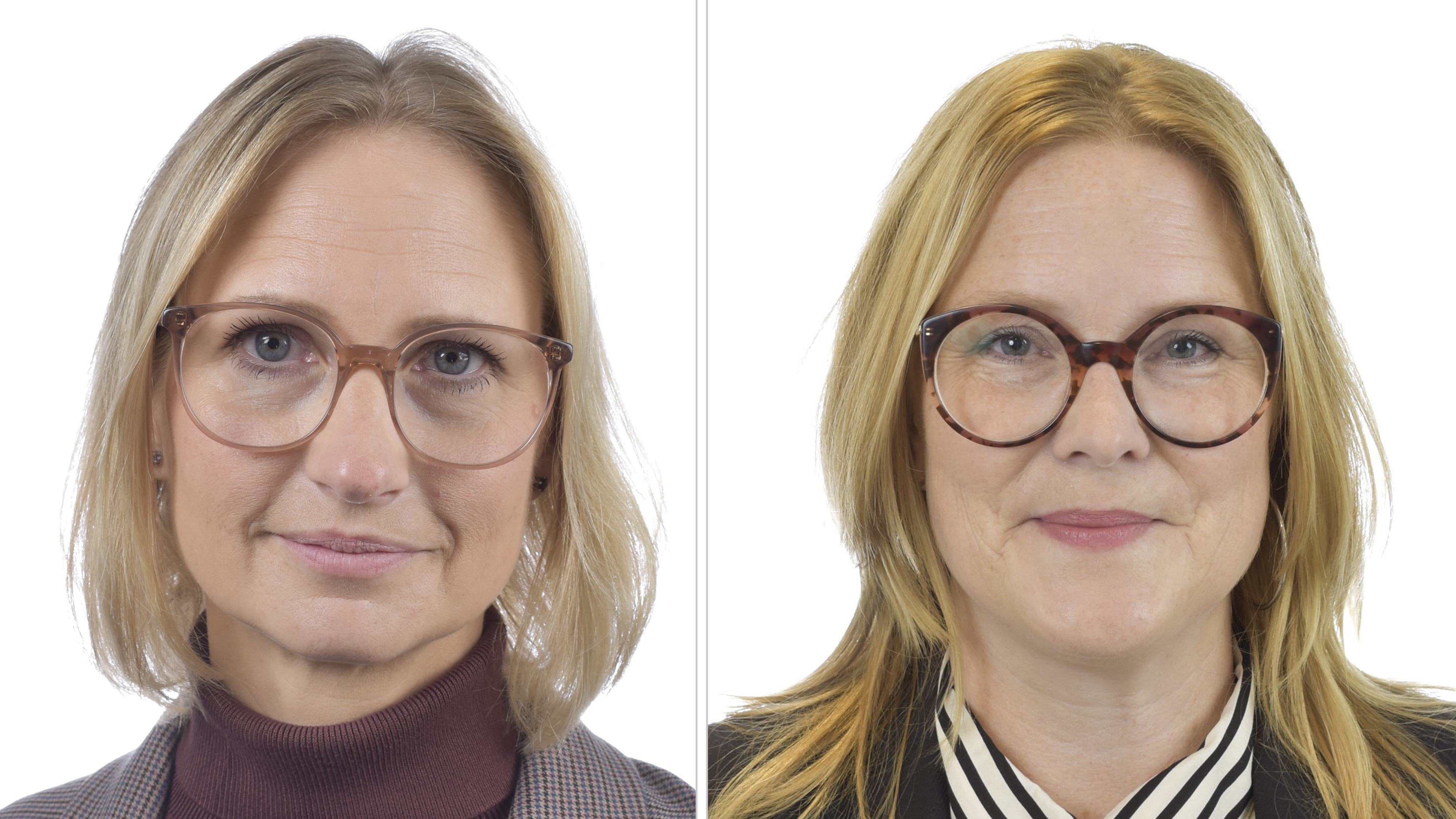 Två kvinnor med blont hår och glasögon visas i separata porträtt mot en vit bakgrund.
