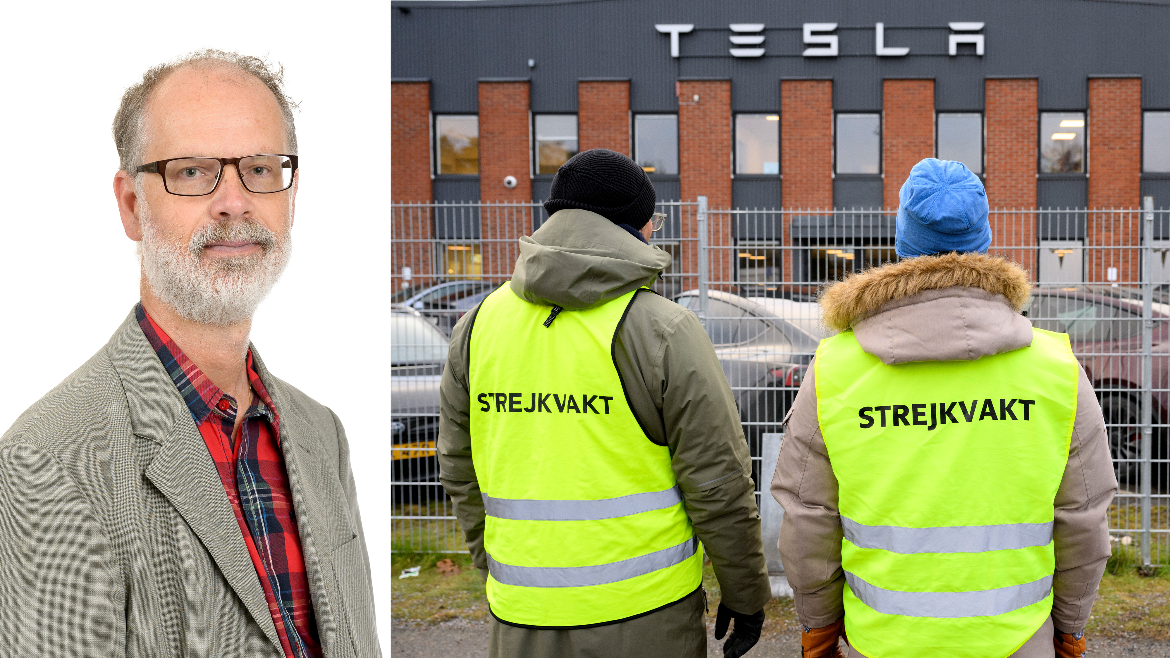 En man i kostym och glasögon står bredvid två personer i gula "STREJKVAKT"-västar utanför en Tesla-byggnad.