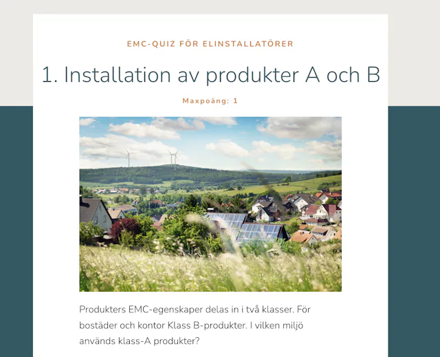 Svensk frågesida för EMC-installation av produkter A och B. Du ser bilder på solpaneler, hus, åkrar och vindkraftverk i bakgrunden.