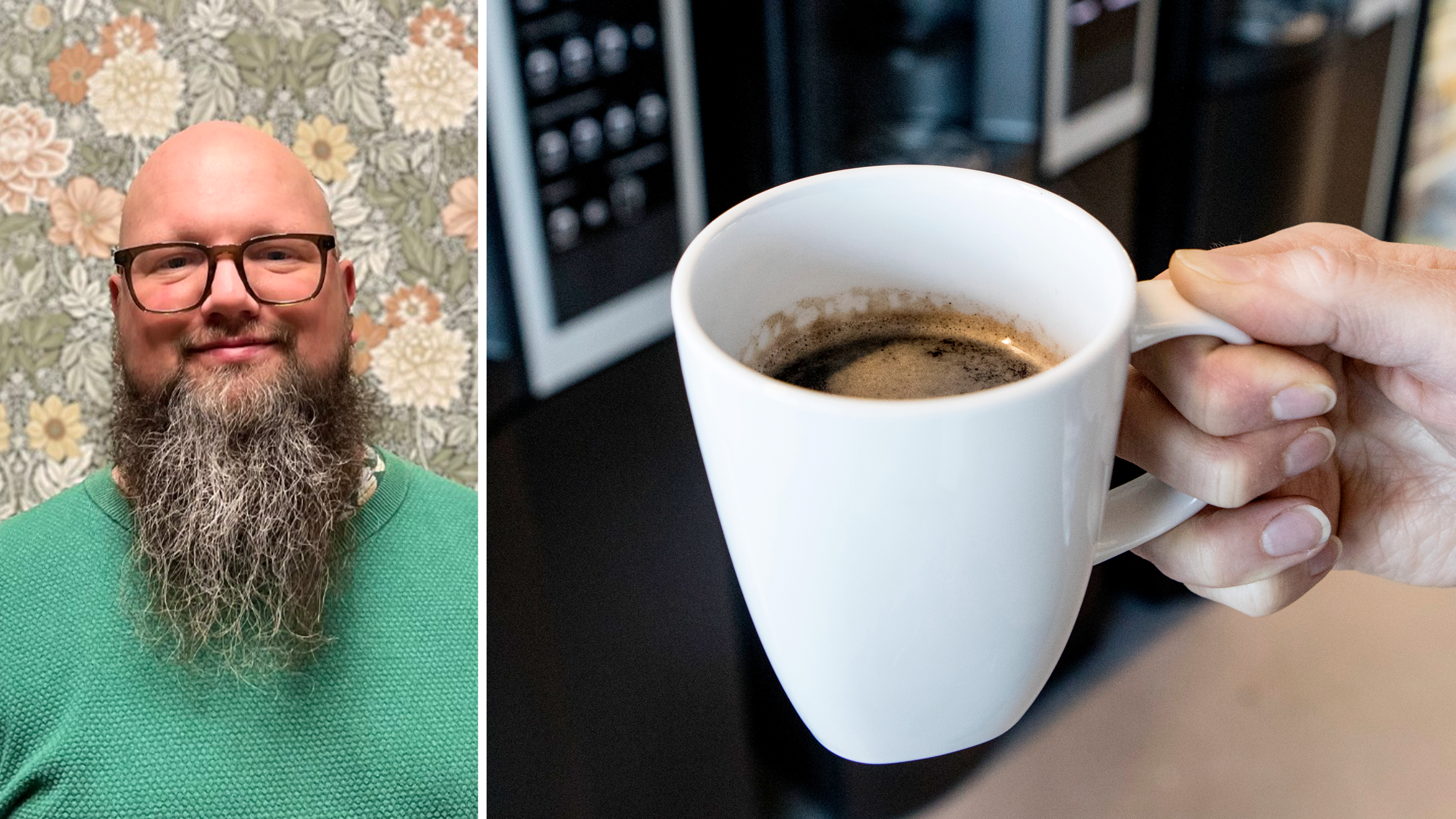 Delad bild med sjukvårdsbiträdet Robert Hansson till vänster och en kaffekopp till höger.