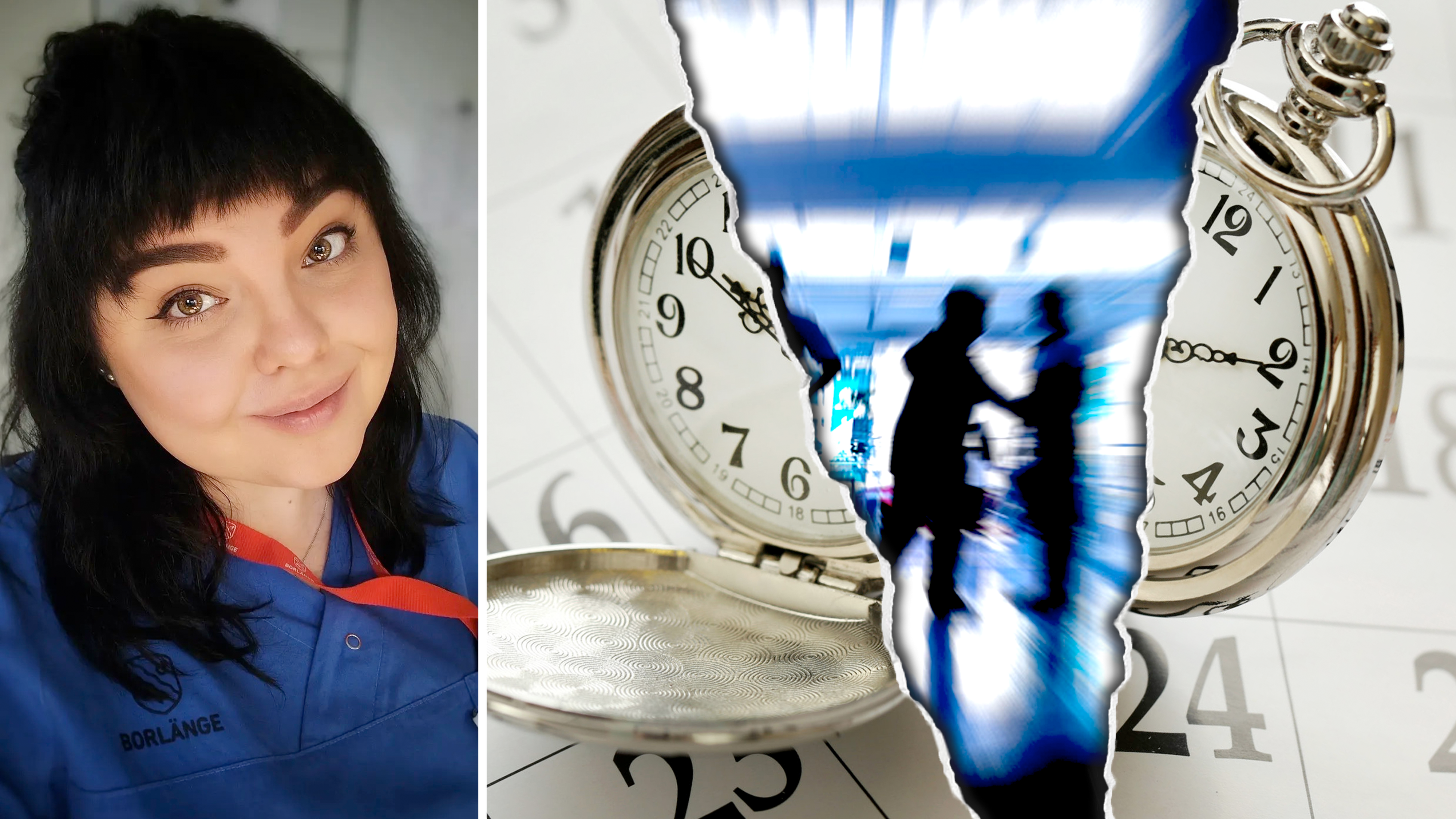Till vänster en bild som delas med Maria Lilgeroth, till höger ett foto av en trasig klocka och kalender, och i mitten en bild av en suddig siluett i en vårdmiljö.