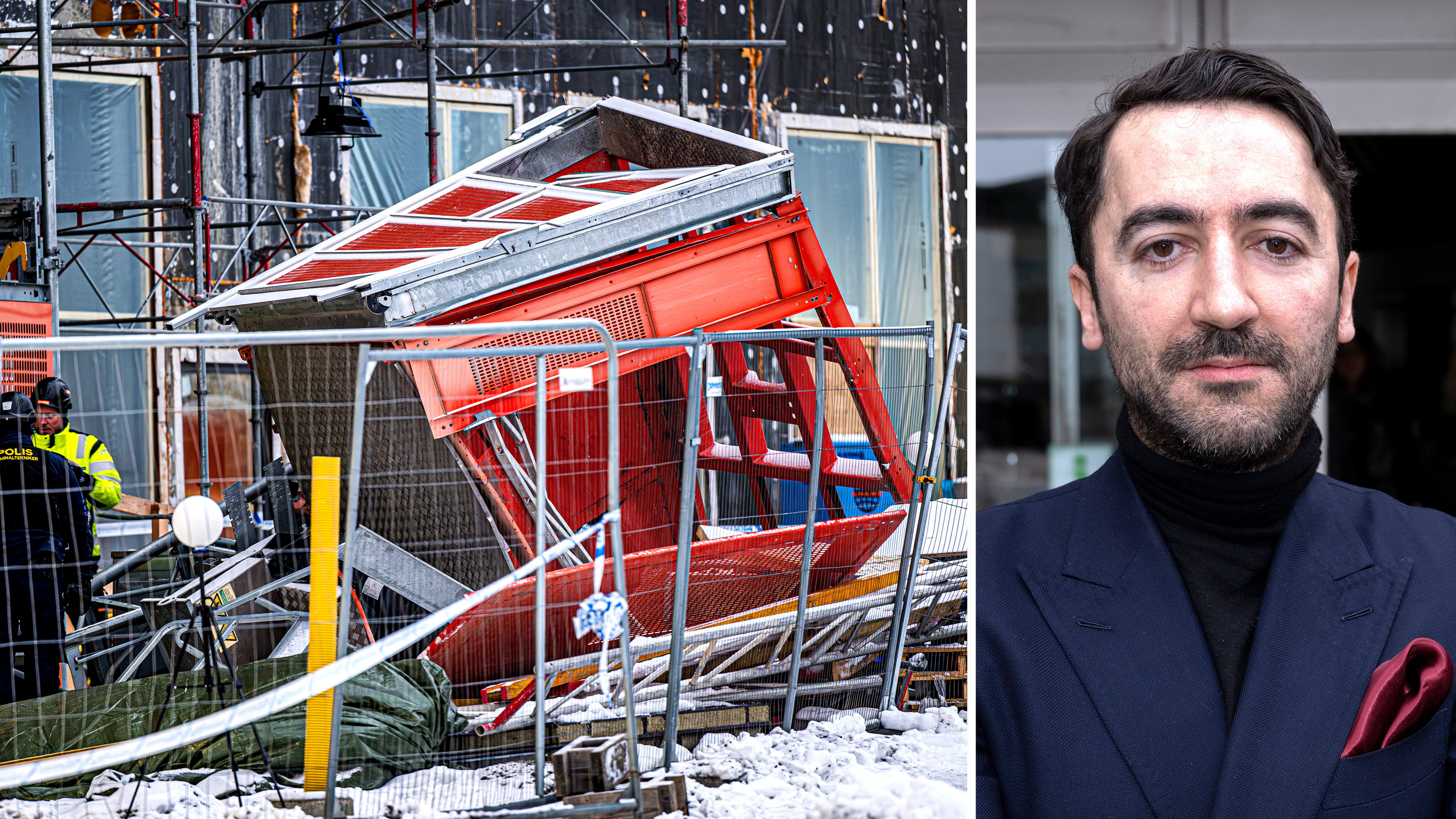 En olycka på en byggarbetsplats med en röd struktur som har rasat; bredvid står en man i mörk kostym vänd mot kameran.
