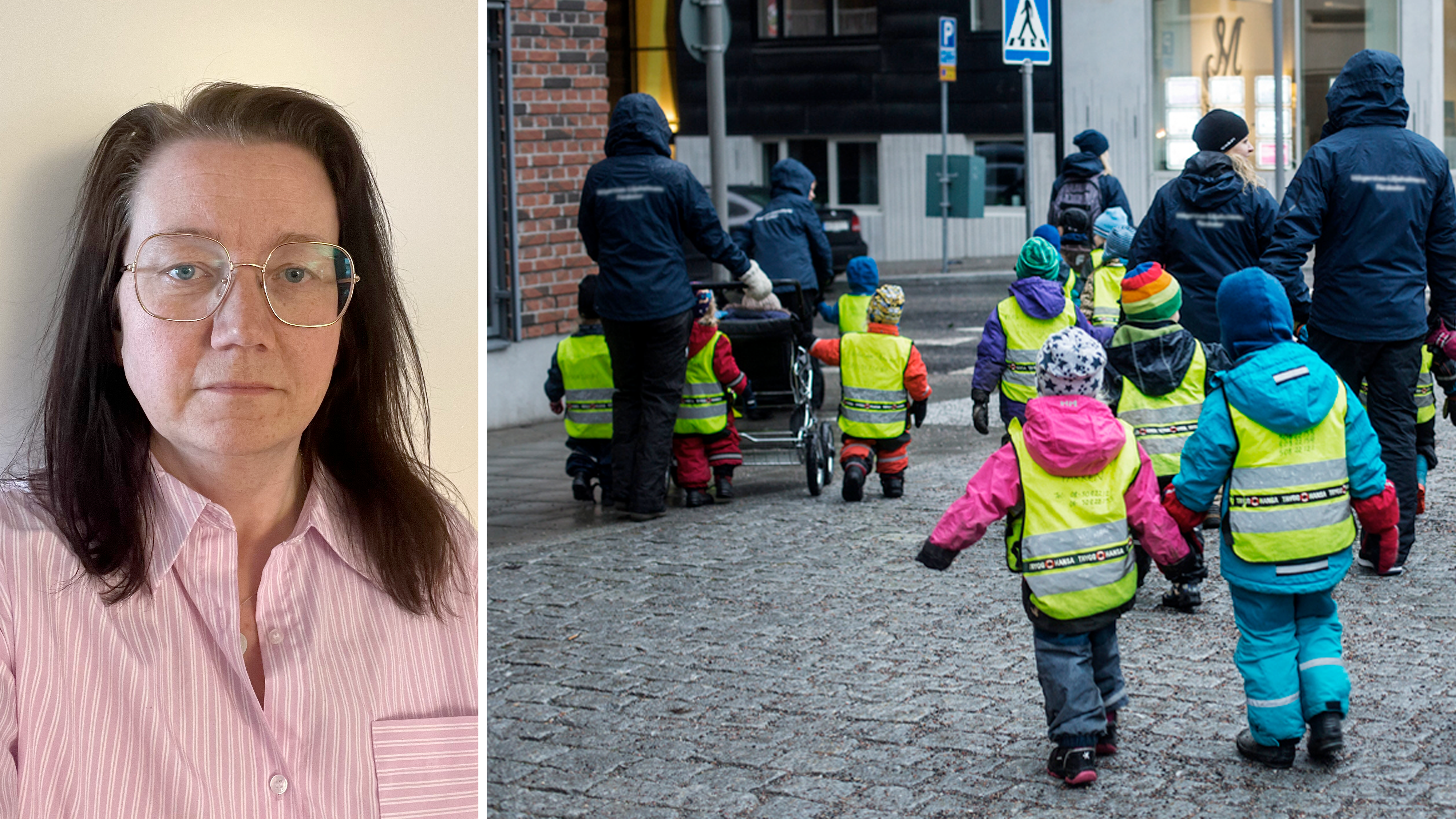 Delad bild med Kommunals Jessica Eriksson till vänster och till höger personal från en förskola på promenad med barn.