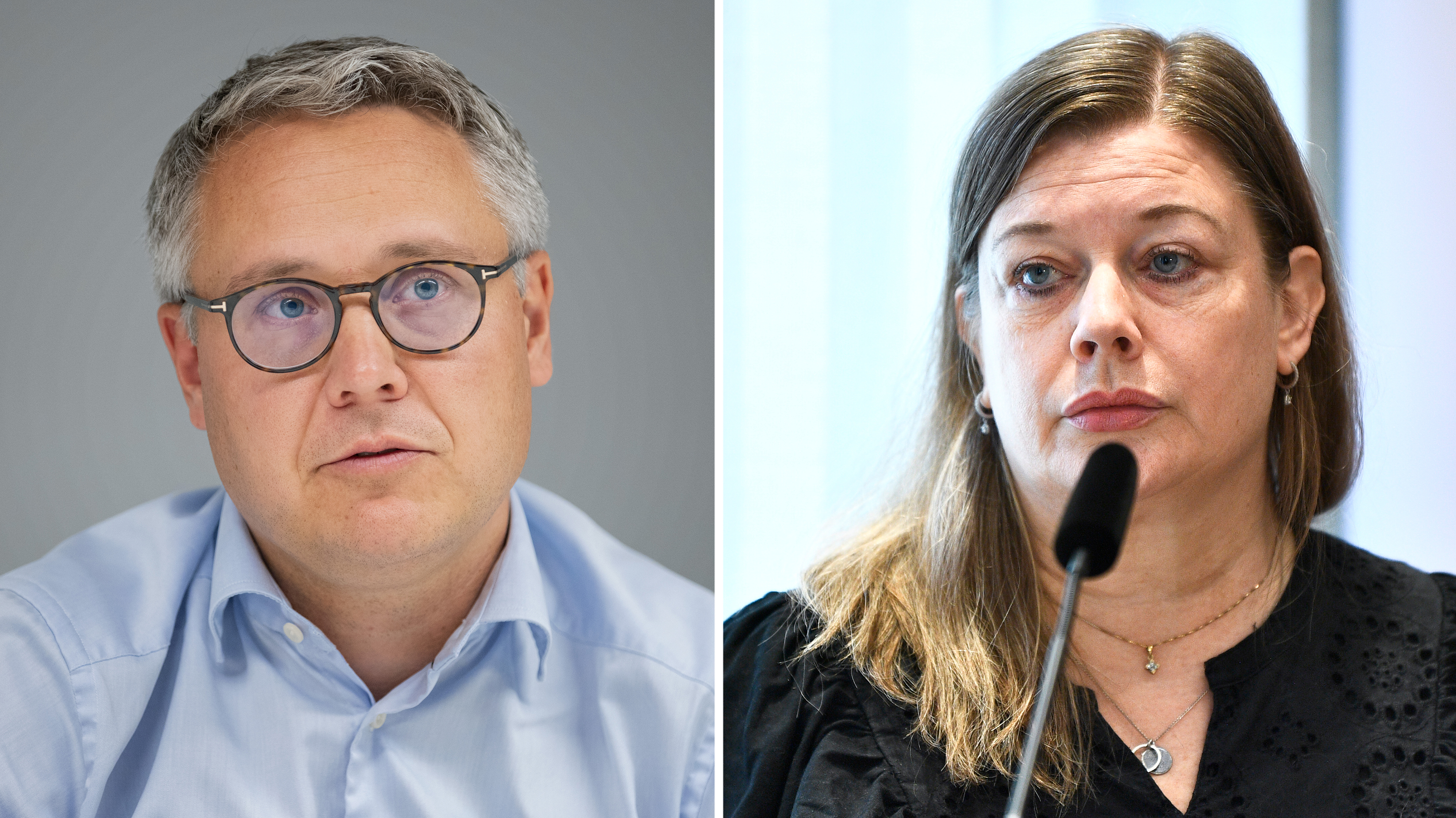 En man med glasögon och ljusblå skjorta är till vänster; en kvinna i svart topp talar vid en mikrofon till höger.