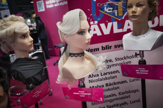 Tre skyltdockahuvuden med hår och smink är placerade på ett stativ framför en rosa bakgrund med svenska bokstäver och namnlappar.