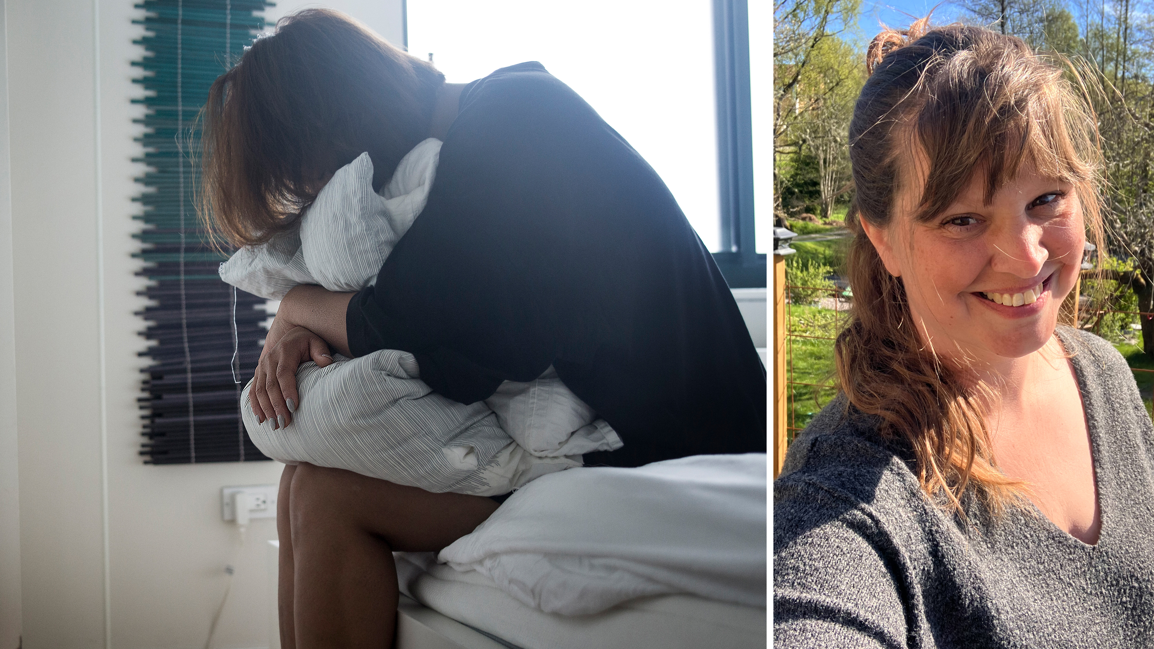 Delad bild: Vänster sida visar en person som sitter på en säng och håller om en kudde, höger sida visar en kvinna utomhus.