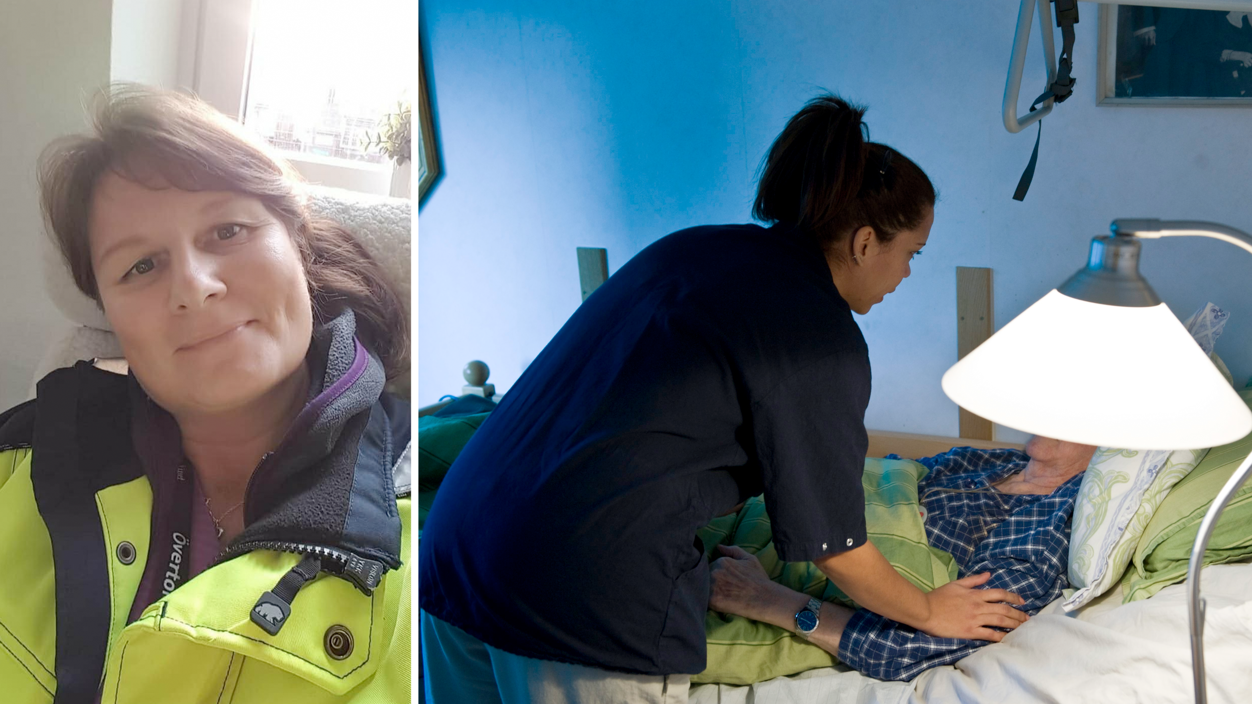 En delad bild av Elha Savaroja till vänster och en sängliggande äldre person som räddas av medicinsk personal till höger.