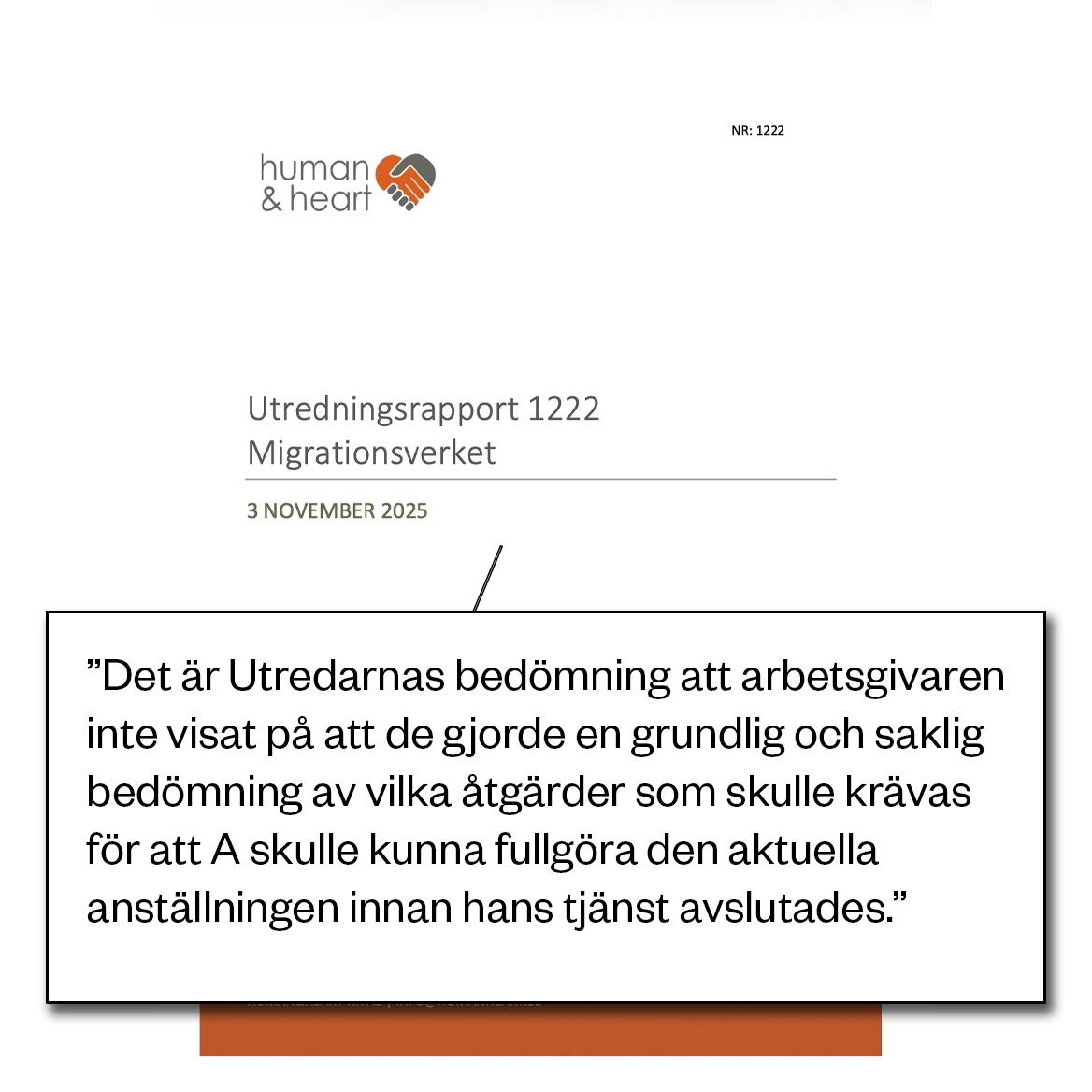 Omslag till rapporten "Utredningsrapport 1222 Migrationsverket" med ett markerat utdrag om arbetsgivarens bedömning före uppsägning.