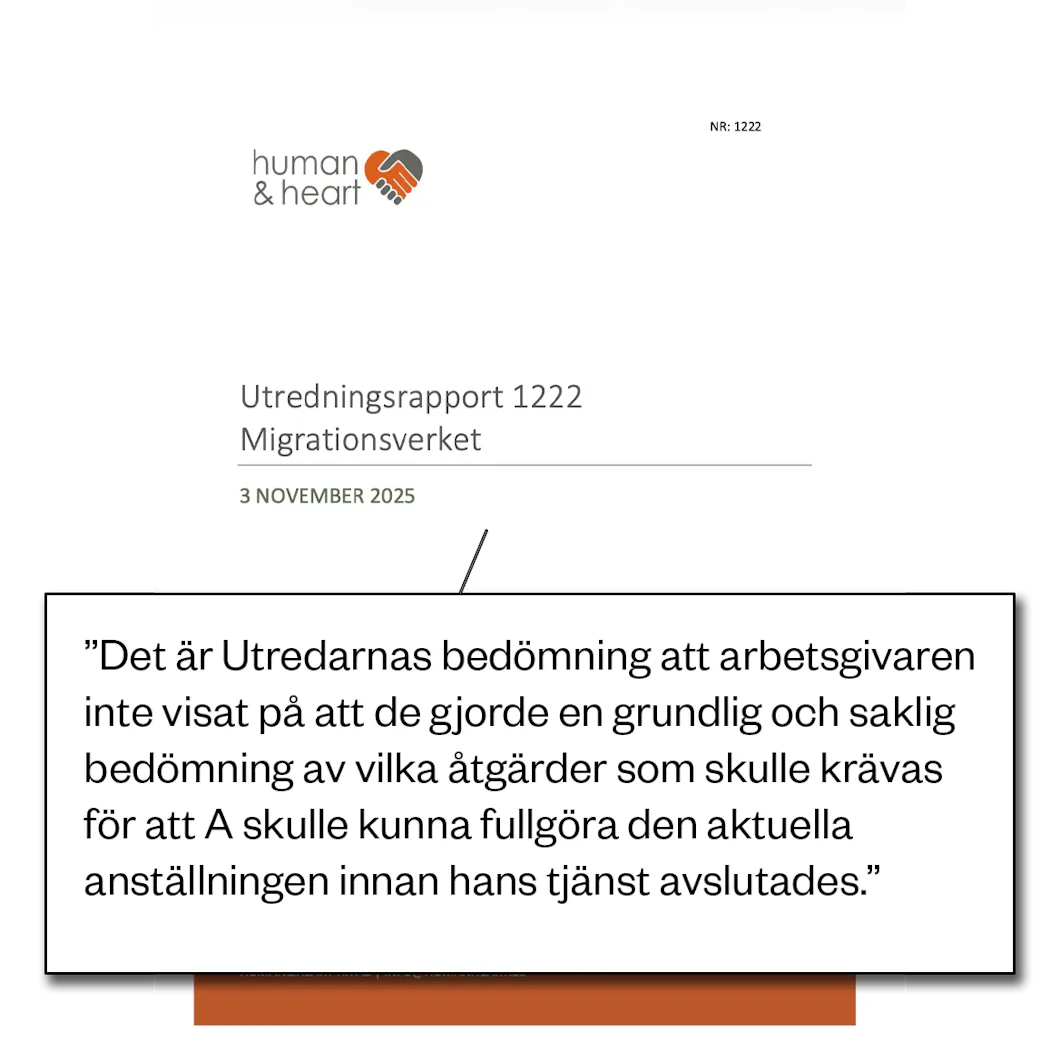 Omslag till rapporten "Utredningsrapport 1222 Migrationsverket" med ett markerat utdrag om arbetsgivarens bedömning före uppsägning.