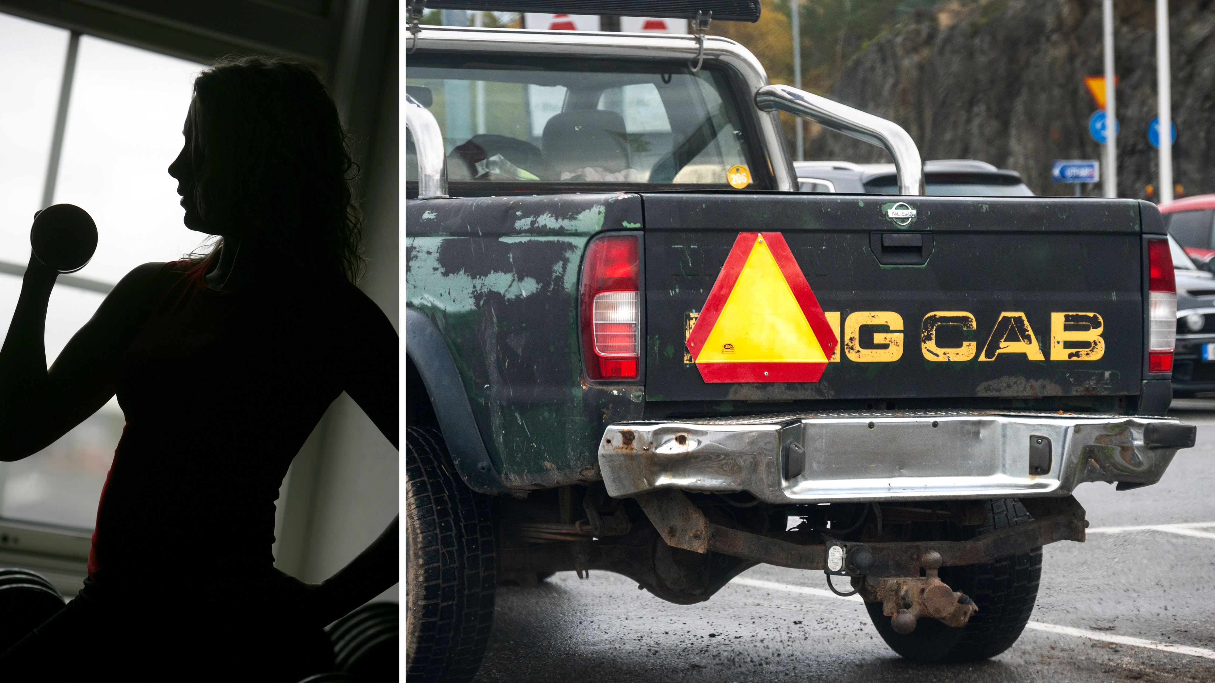 Delad bild med en silhuett som lyfter en vikt till vänster och en bild på en A-traktor till höger.