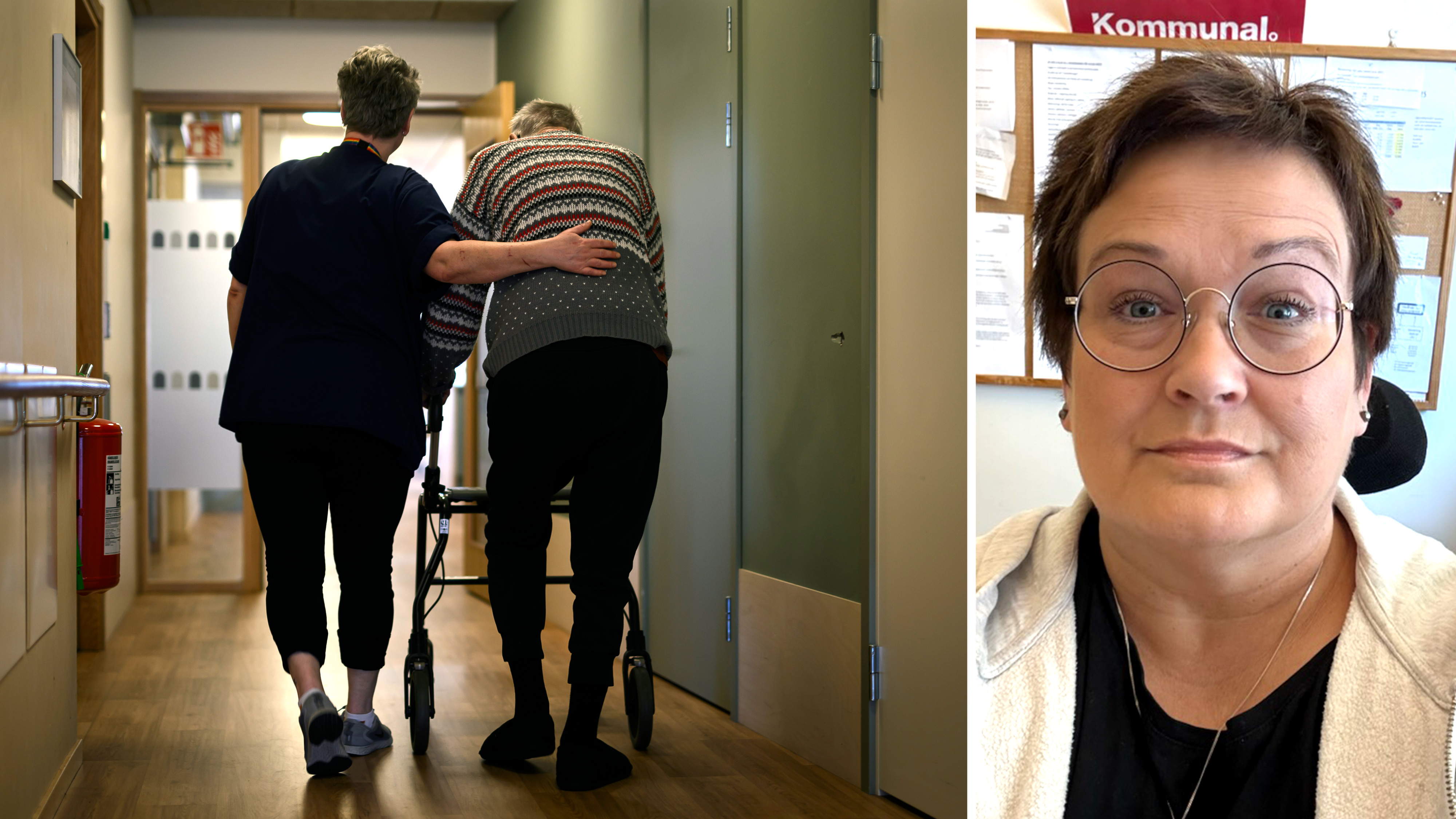 En vårdgivare hjälper en äldre person med en rollator i en korridor; till höger tittar en kvinna med glasögon in i kameran på ett kontor.