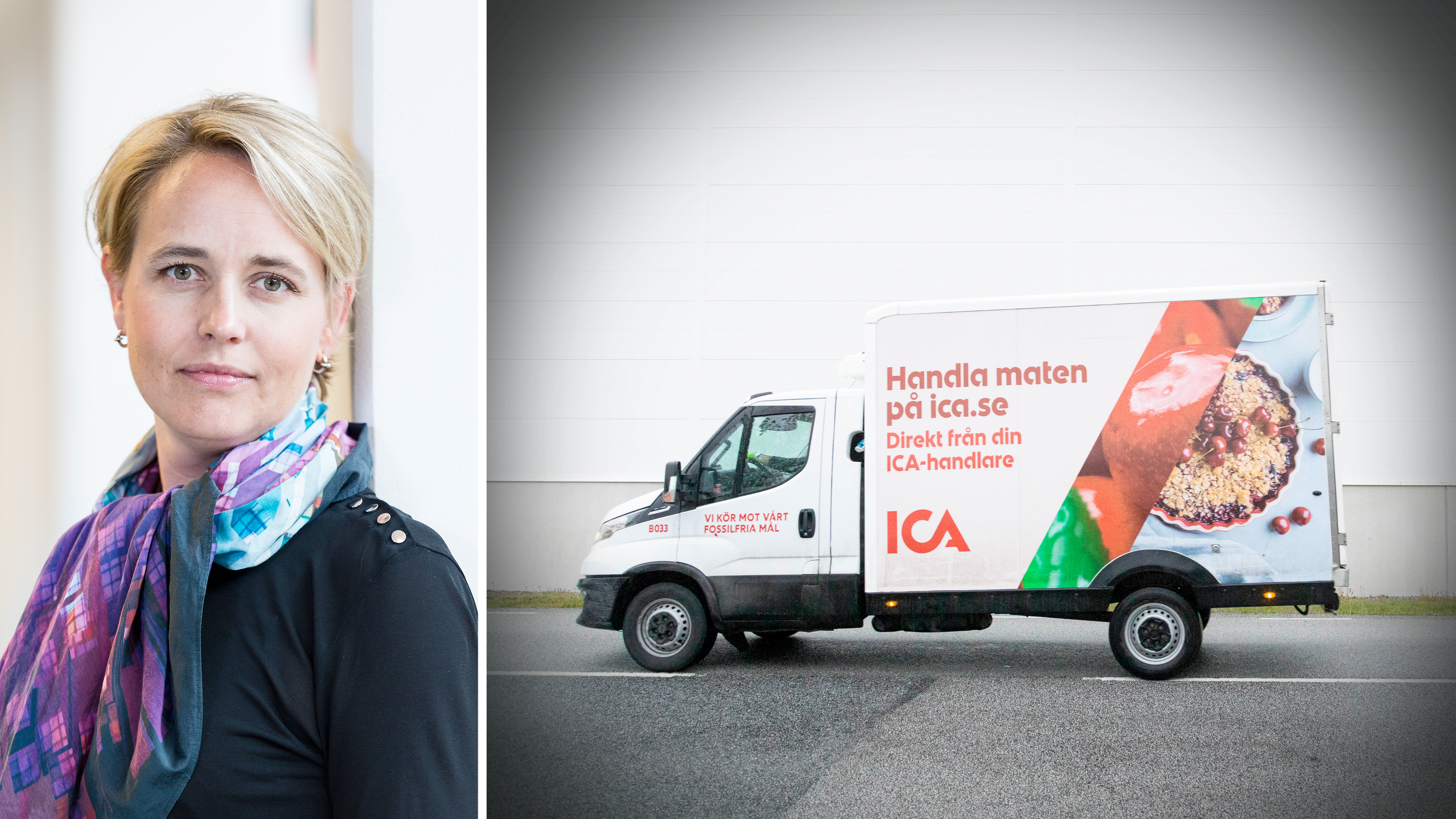 Delad bild: ICA Sveriges logistikdirektör Emma Lindström till vänster och en ICA-lastbil till höger.