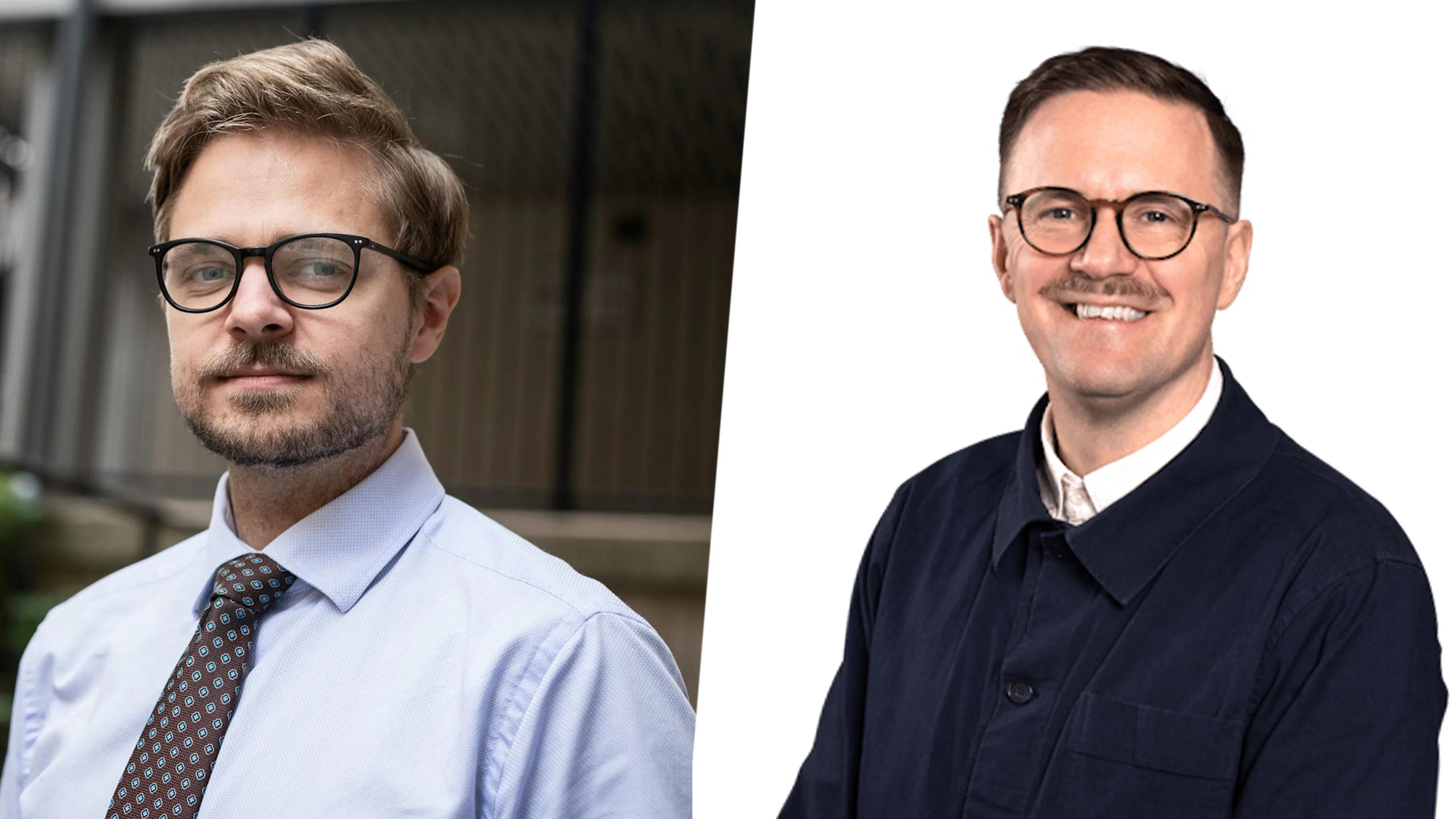 Två män med glasögon vända mot kameran; mannen till vänster bär skjorta och slips, mannen till höger bär en mörk kavaj och en vit skjorta. Bakgrunden är enkel.