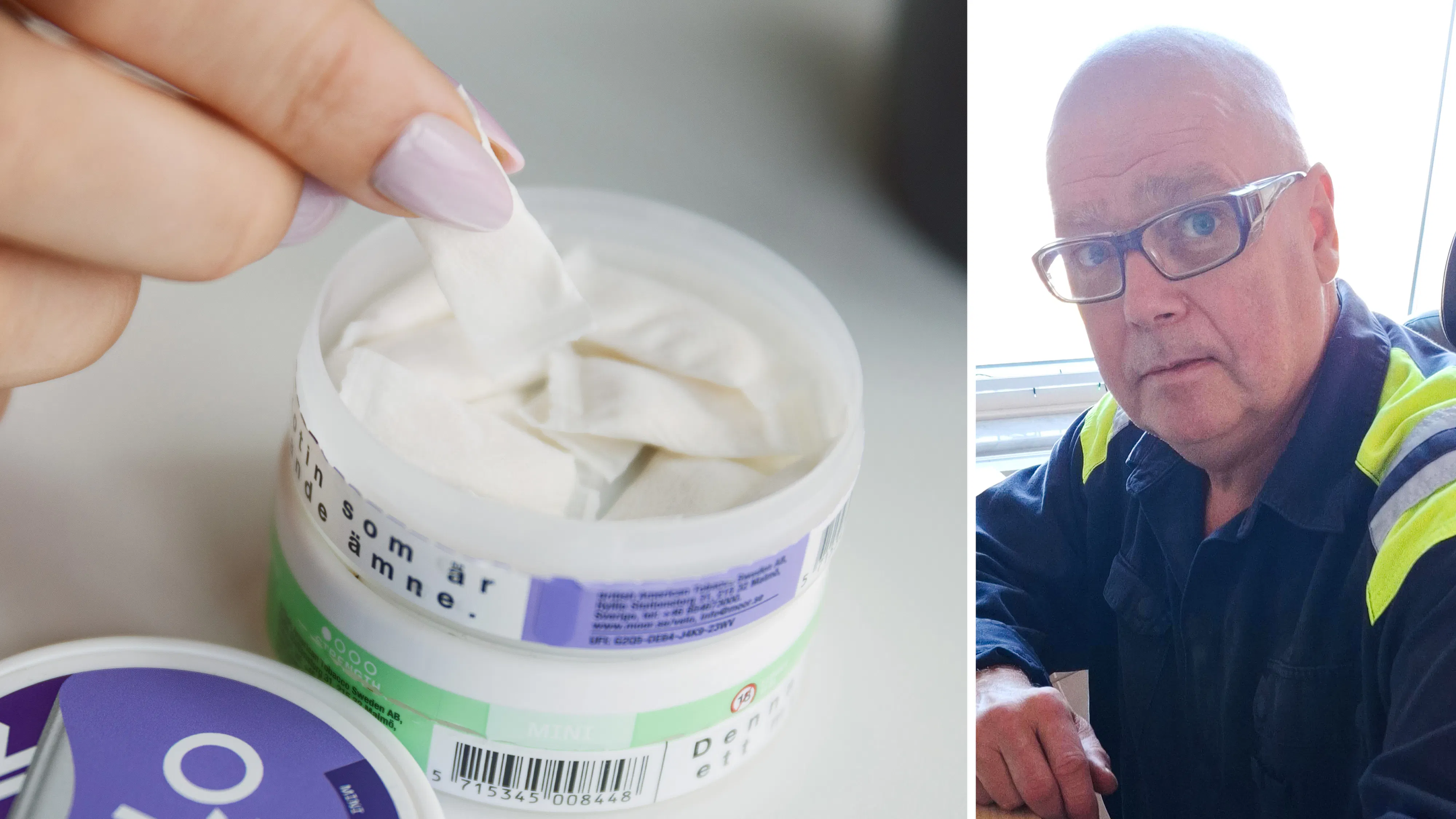 En hand håller en vit påse som kommer från en öppen behållare till vänster; till höger sitter en man med glasögon inomhus och tittar mot kameran.