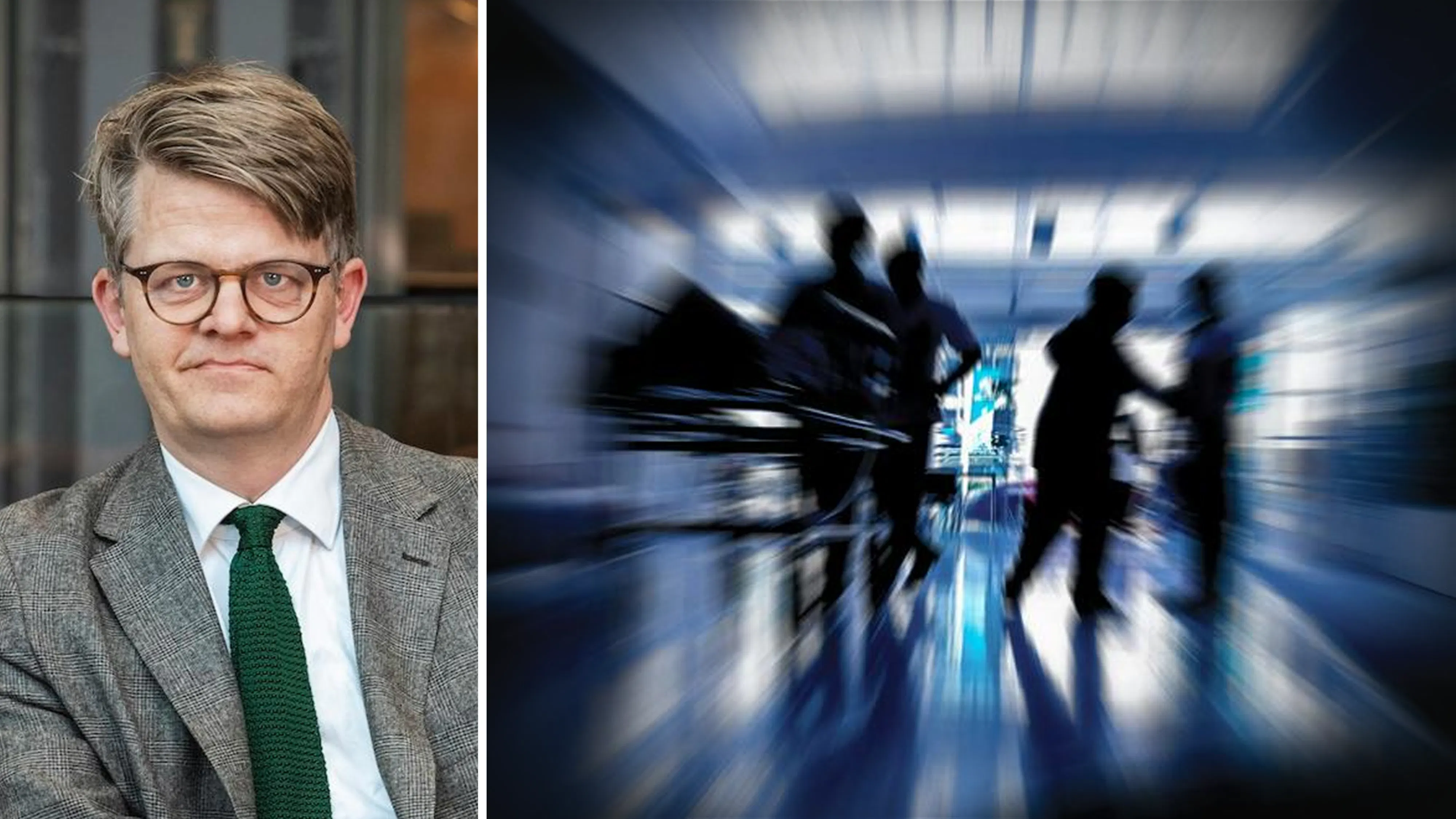 Delad bild. Till vänster ett foto på Per Grankvist, till höger en suddig bild på vårdpersonal som stressar i en korridor.