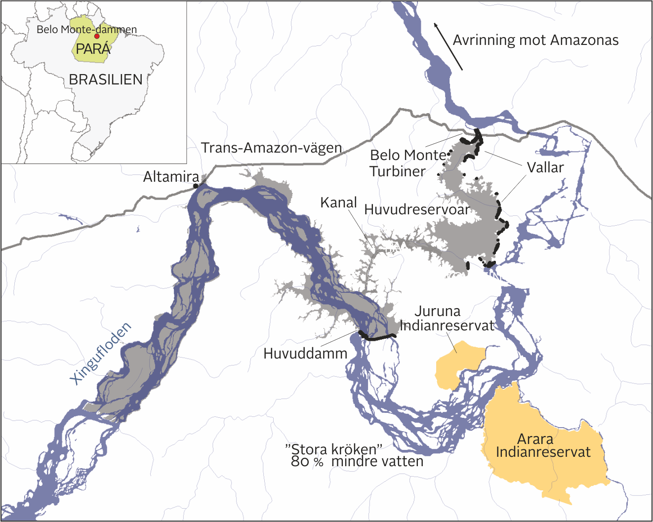 Karta över Belo Monte-dammen med omgivningar