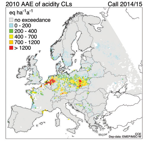 Områden där de kritiska belastningsgränserna för försurning överskrids i Europa.